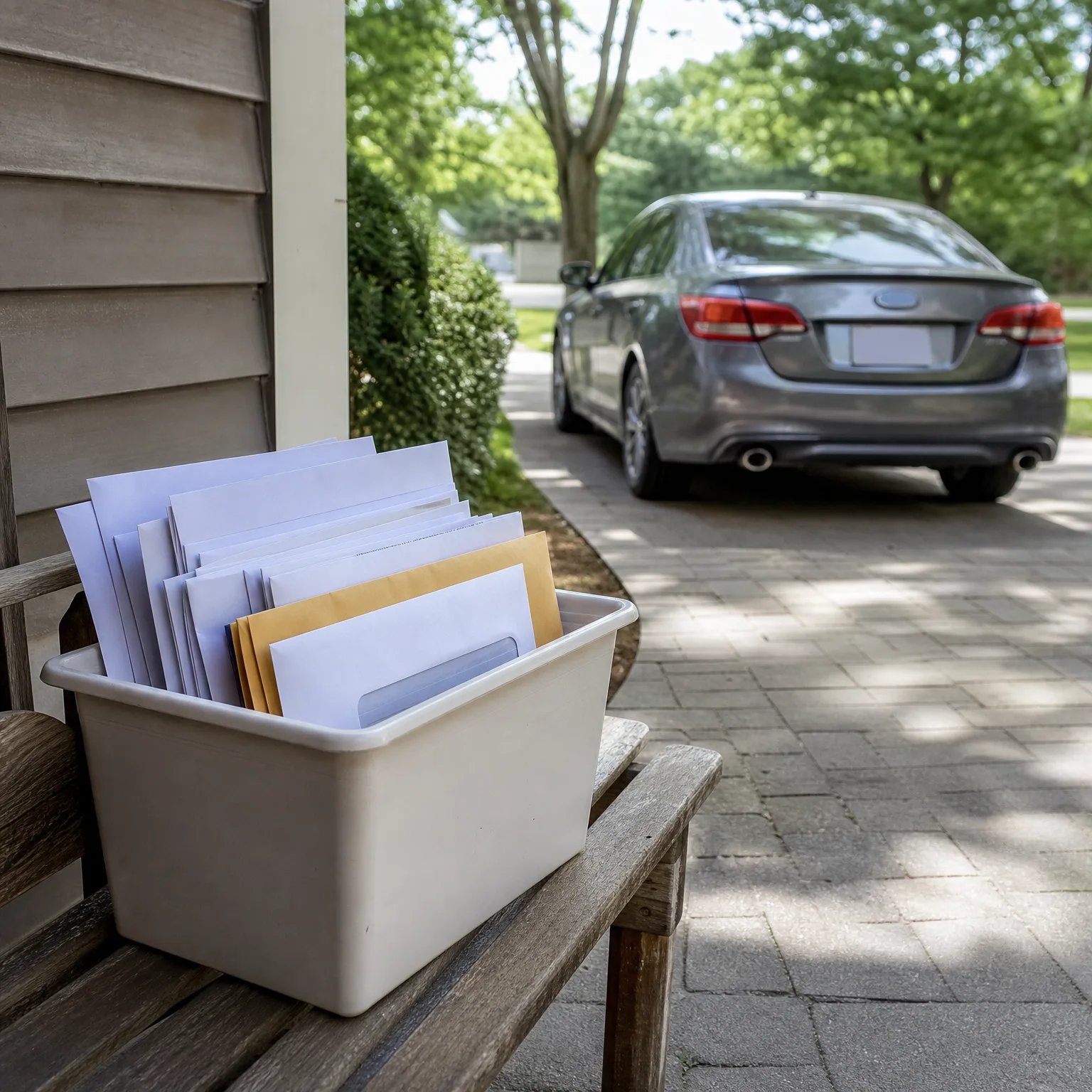 A white plastic bin filled with white and manila envelopes sits on a weathered wooden bench beside a house with horizontal siding, with a gray sedan parked on a paver driveway in the background.