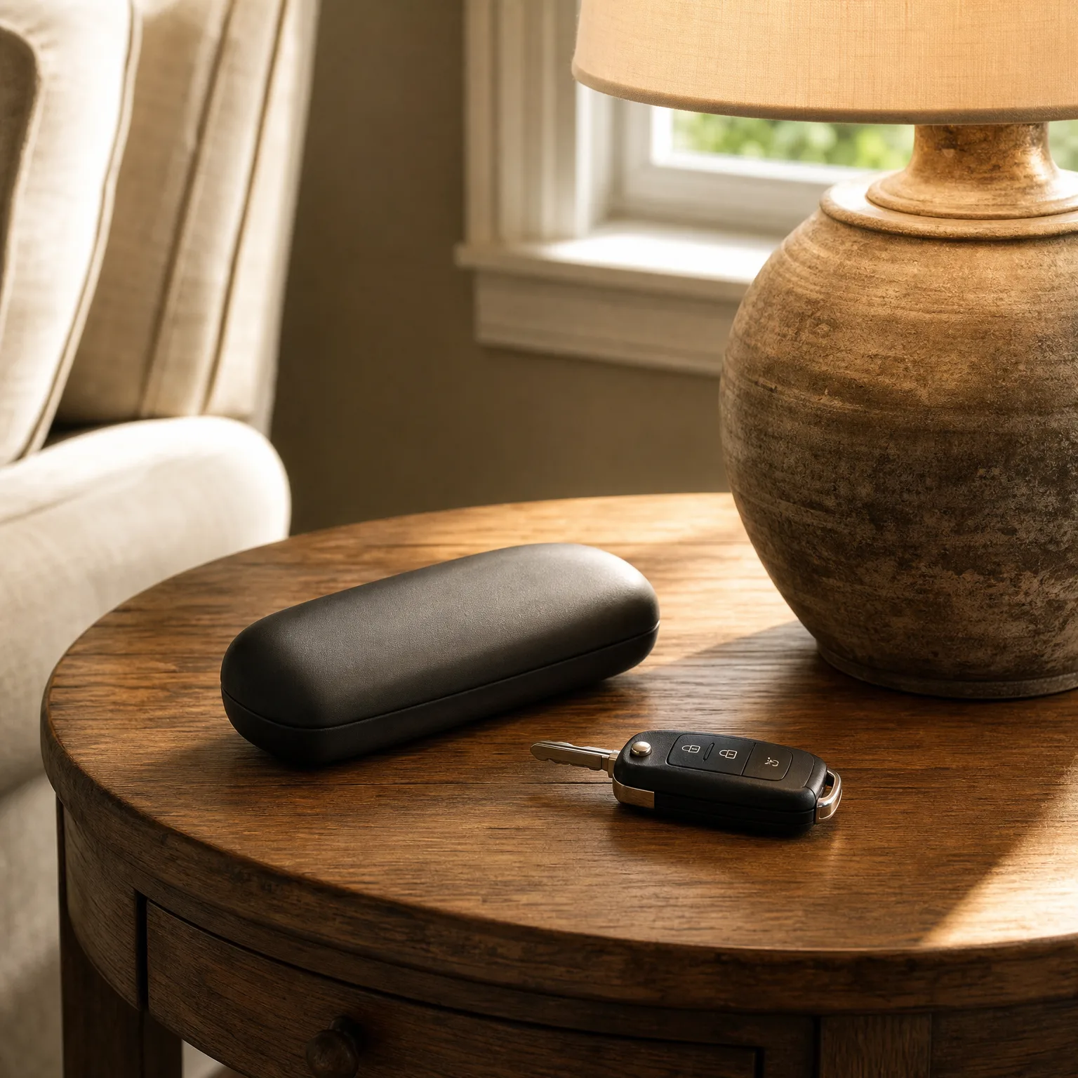 A black hard-shell glasses case and a black folding car key with three buttons rest on a round wooden side table beside a ceramic lamp base, with an upholstered armchair and a window in the background.