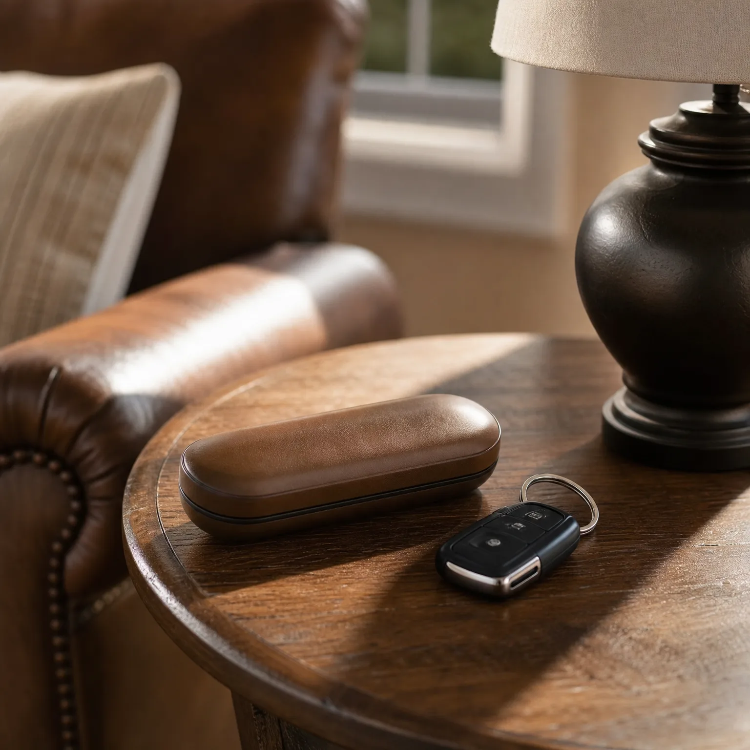 A brown leather eyeglass case and a black car key fob with a metal ring rest on a round wooden side table beside a dark lamp base, with a leather armchair and window in the background.