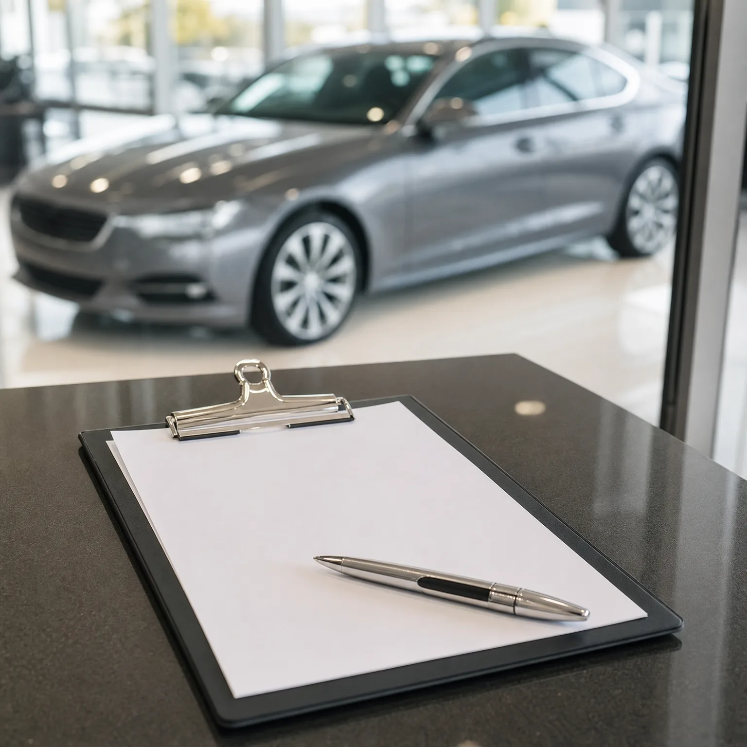 A black clipboard with blank white paper and a silver pen rests on a dark counter, with a gray sedan blurred in the background behind glass.