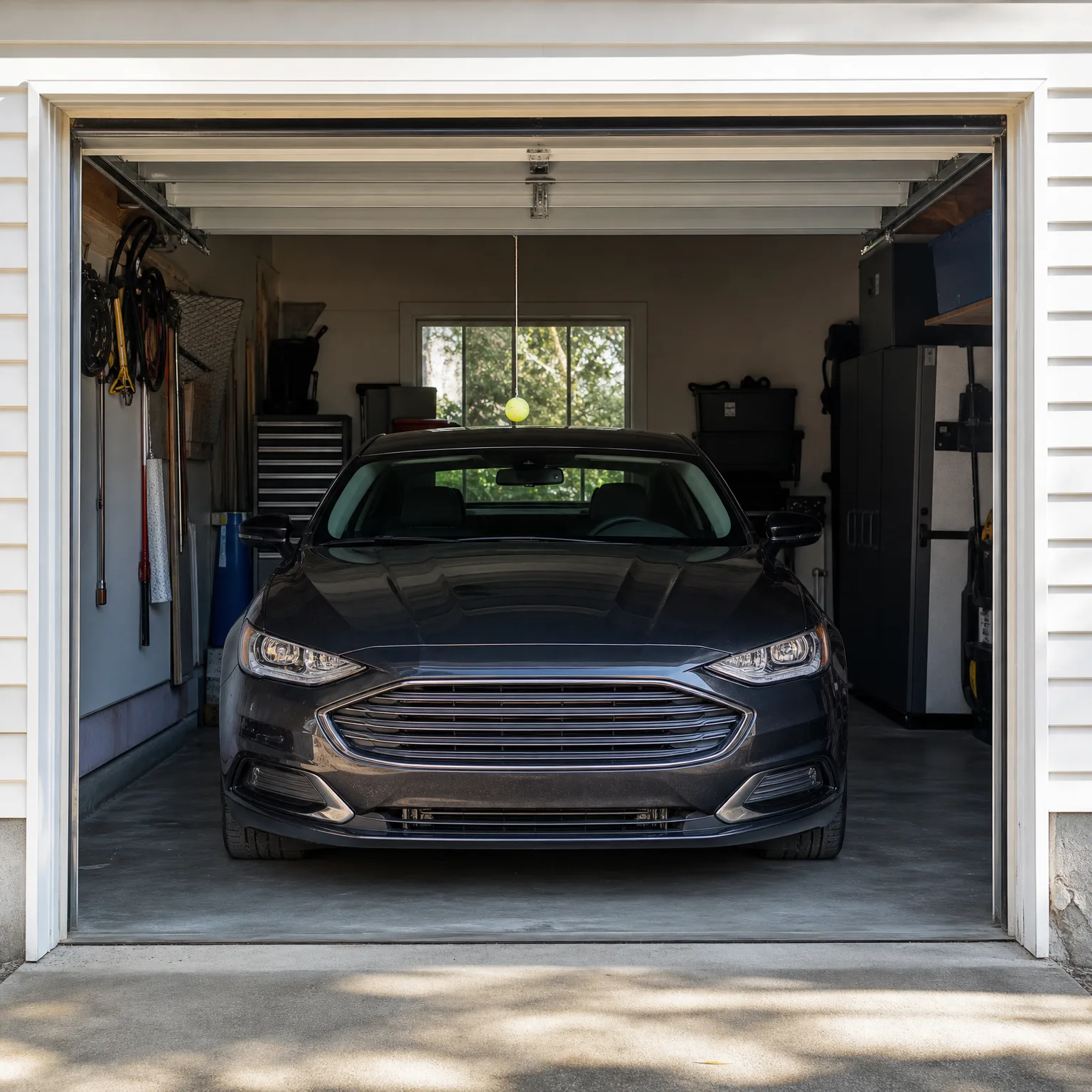 A dark gray sedan parked inside an open single-car garage with white horizontal siding, storage cabinets, tools on the walls, a window at the rear, and a tennis ball hanging from the ceiling.