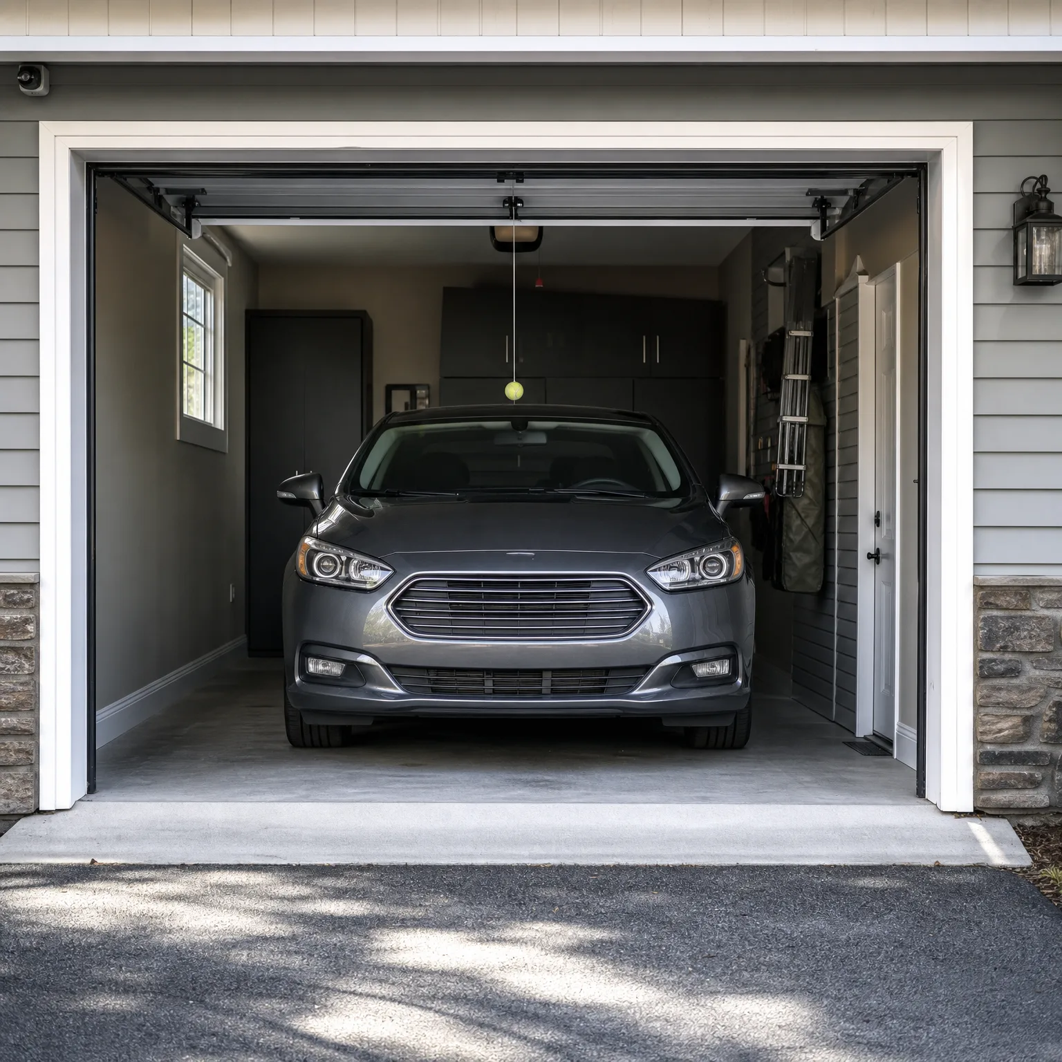 A gray sedan parked inside an open single-car garage with gray walls, dark cabinets, a side door, and a tennis ball hanging from the ceiling, seen from the driveway.