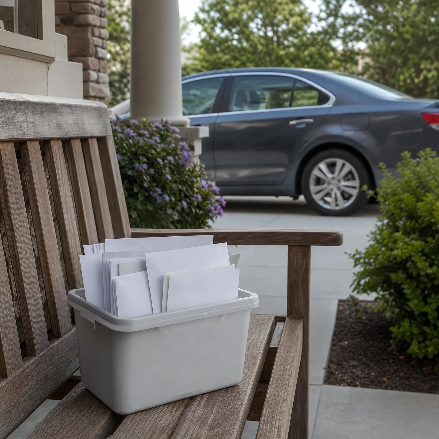 A white plastic bin filled with white envelopes sits on a weathered wooden bench on a porch, with a dark blue sedan parked on a driveway and shrubs in the background.