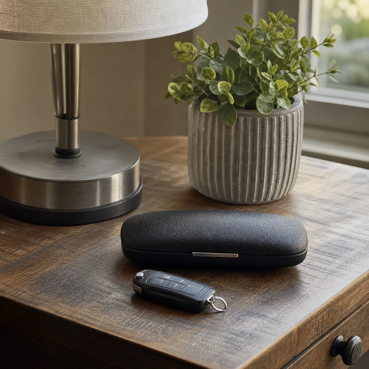A black hard-shell case and a black flip key fob with keyring rest on a wooden side table beside a metal lamp base and a ribbed gray pot holding a green plant, next to a window.