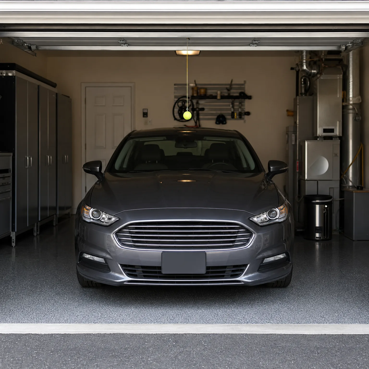 A gray sedan parked in a garage with a speckled epoxy floor, gray storage cabinets on the left, a water heater and utility equipment on the right, and a tennis ball hanging from the ceiling.