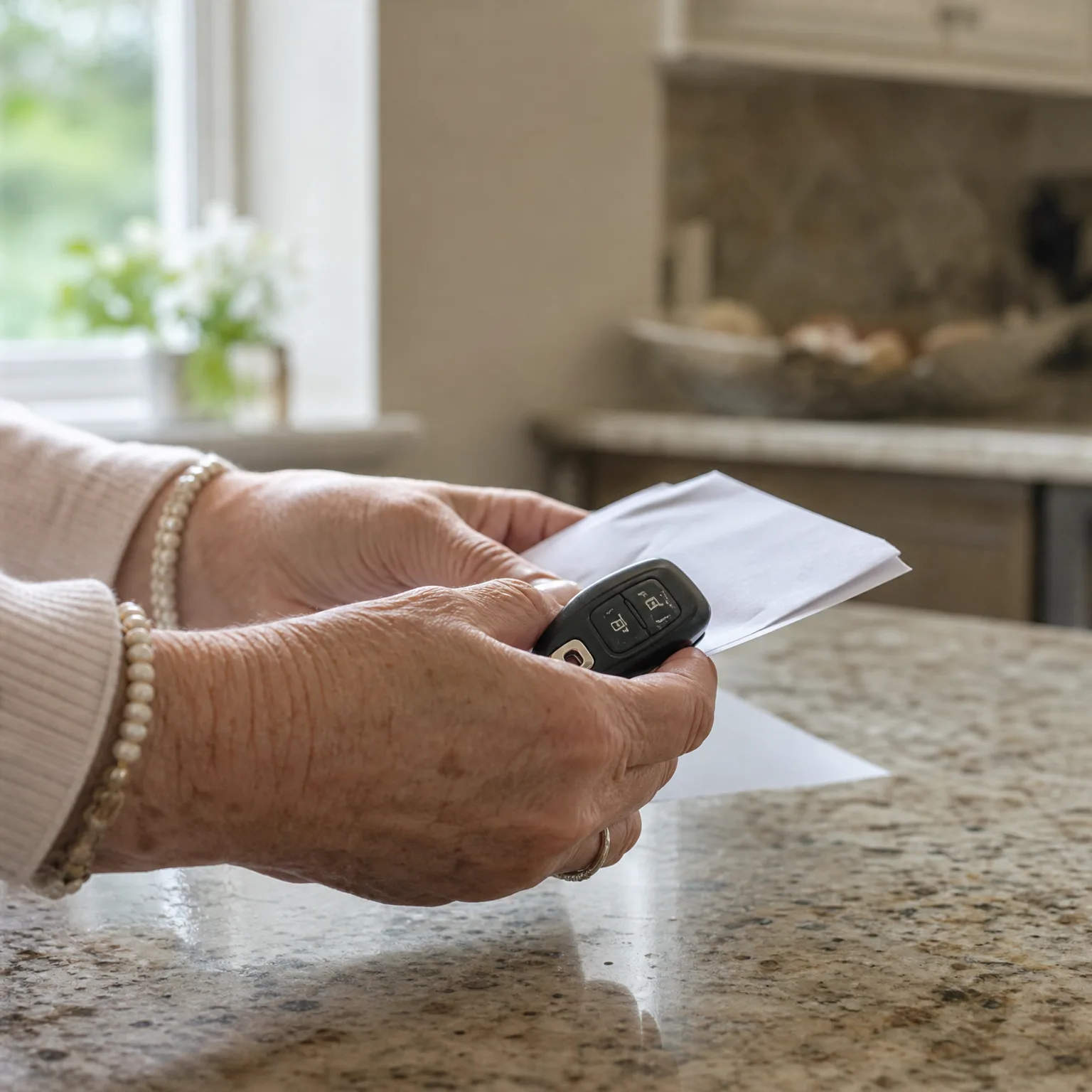 Close-up of an older person's hands holding a black car key fob and a white envelope over a speckled granite countertop in a kitchen.