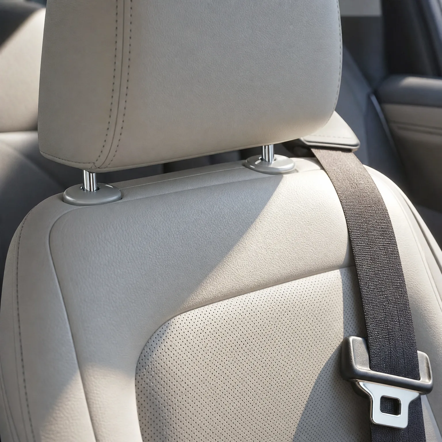Close-up of a beige leather car seat back with headrest posts and gray collars, with a dark seat belt strap and metal buckle tongue crossing the right side in sunlight.
