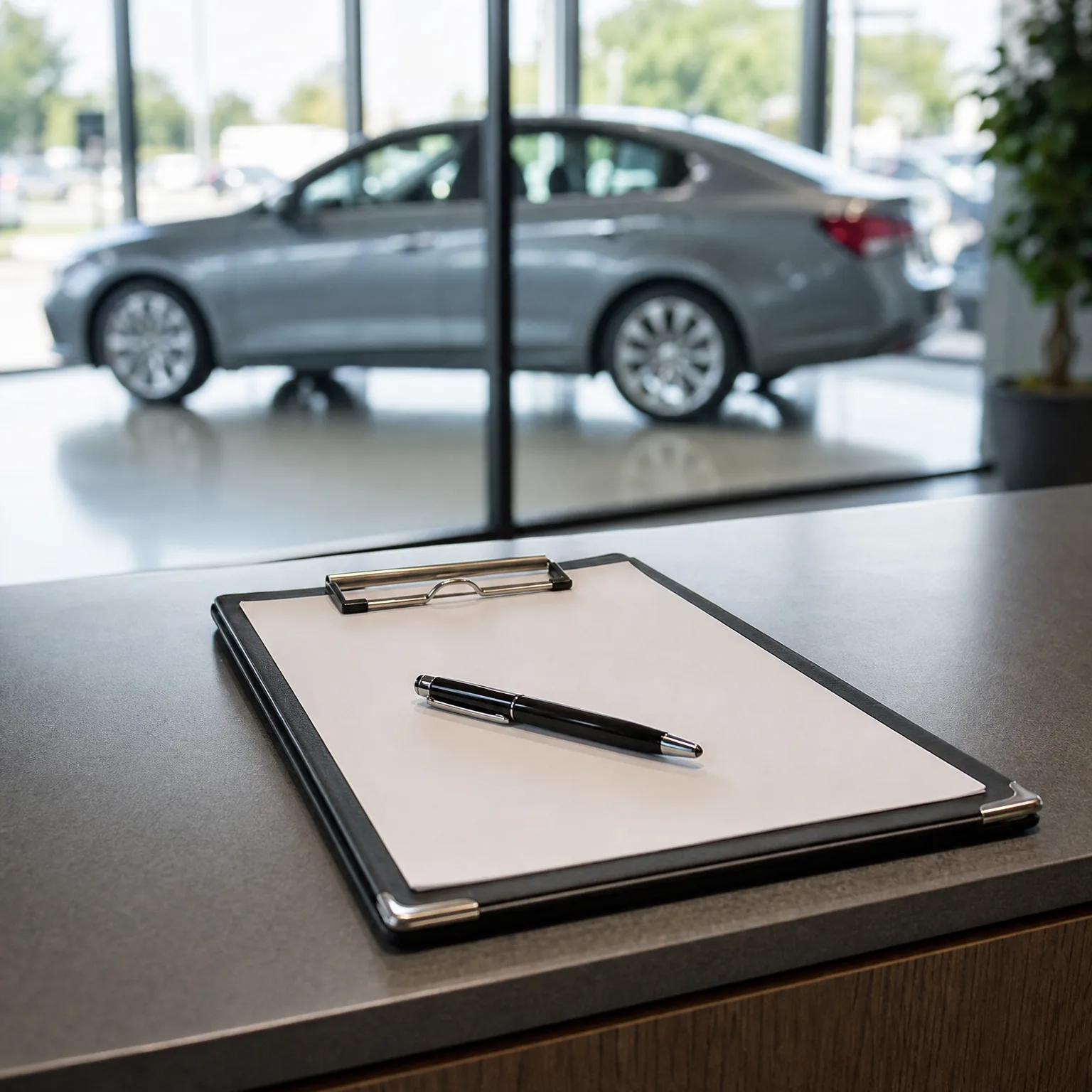 A black clipboard with a blank sheet of paper and a black pen rests on a dark counter, with a silver sedan behind a glass window blurred in the background.