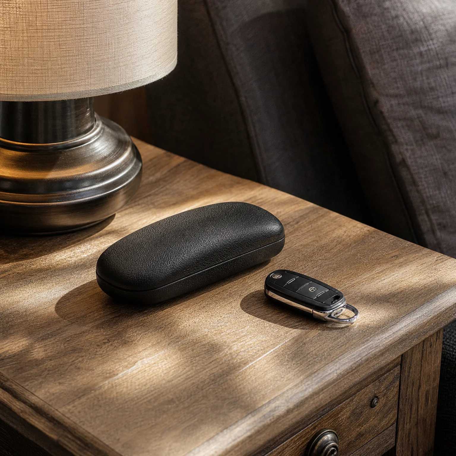 A black hard eyeglass case and a black flip-style car key fob with a keyring rest on a wooden bedside table beside a lamp base, with dark fabric in the background.