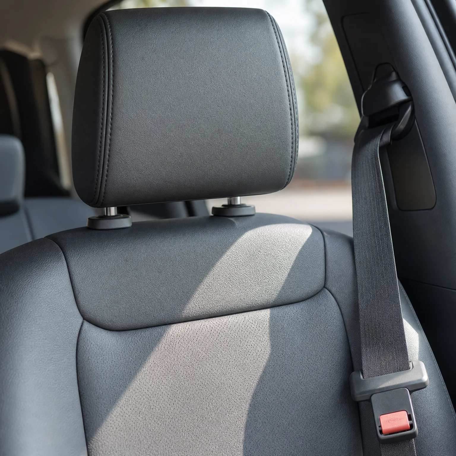 Close-up of a dark vehicle front seat back and headrest with a seat belt and red buckle release at right, sunlight falling diagonally across the upholstery.