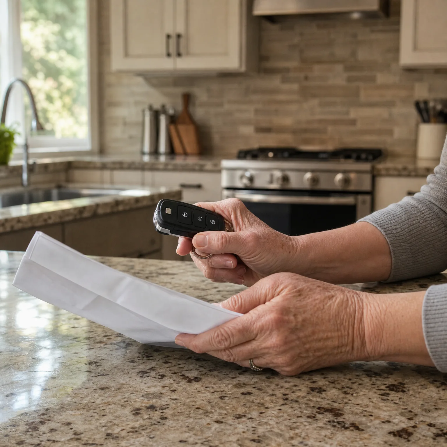A person's hands at a granite kitchen counter, holding a black key fob in one hand and a folded white paper or envelope in the other, with a stove and tiled backsplash blurred in the background.
