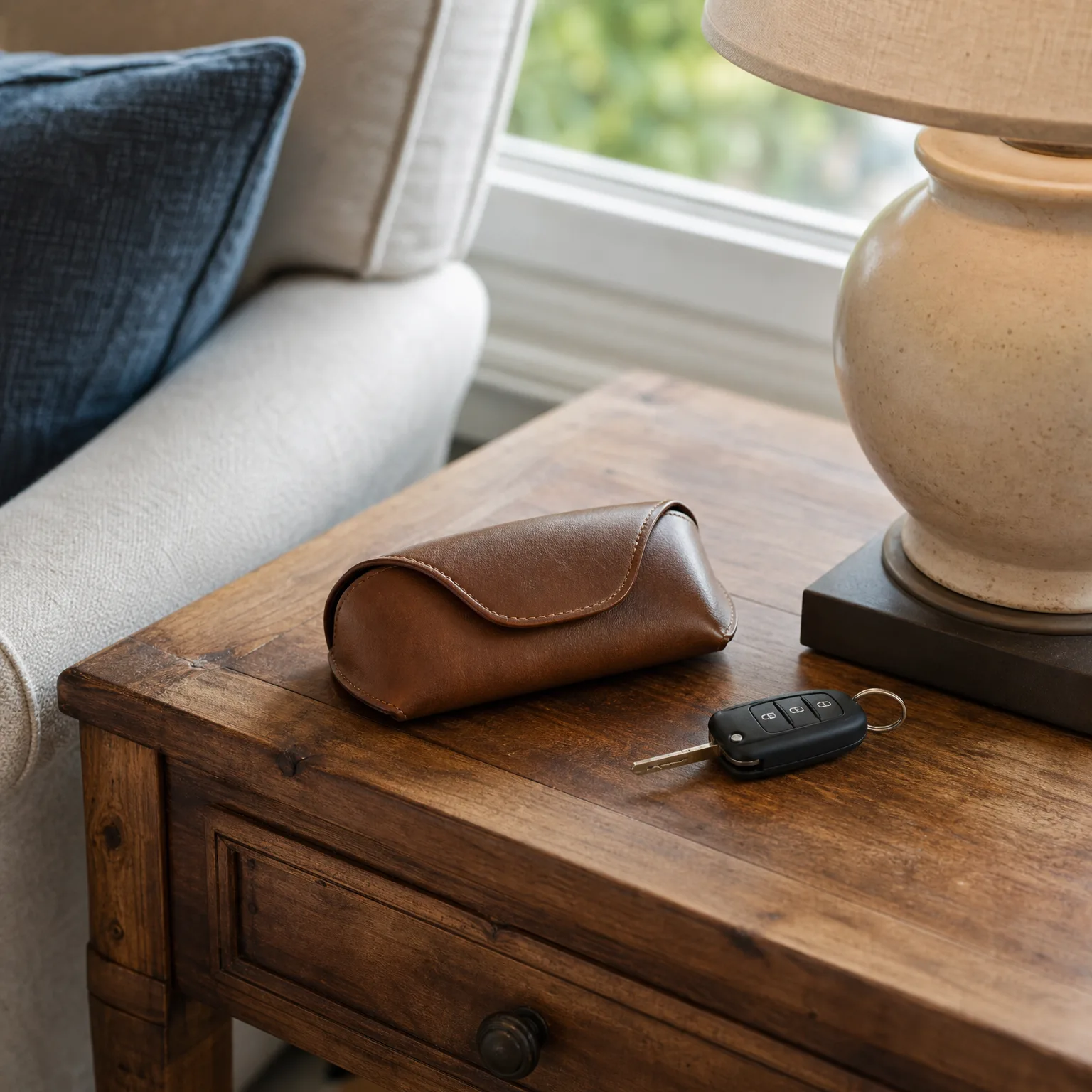 A brown leather glasses case and a black flip car key with a keyring rest on a wooden side table beside a ceramic lamp base, with a cream upholstered chair and window in the background.