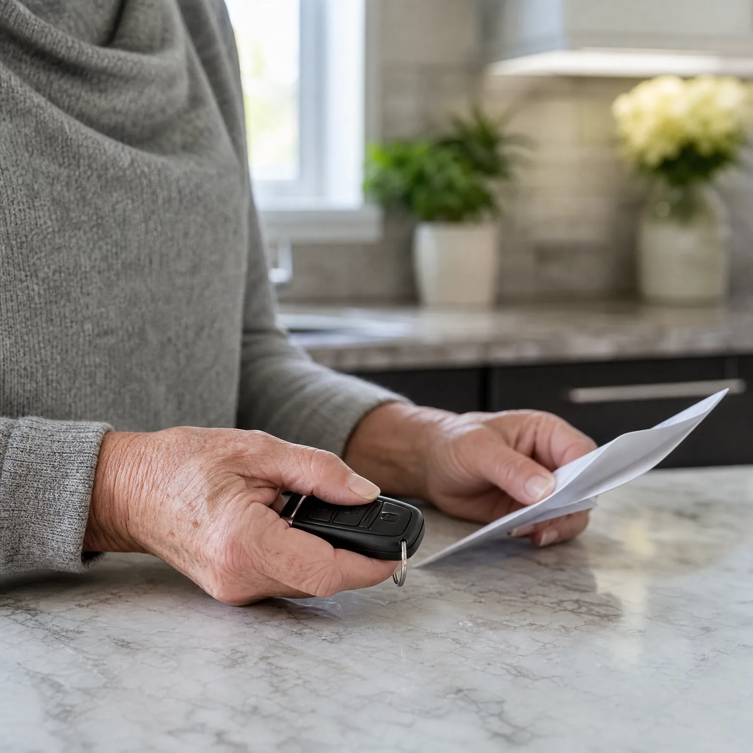 A person in a gray knit sweater stands at a marble countertop, holding a black car key fob in one hand and a folded white sheet of paper in the other, with potted plants and a window blurred in the background.