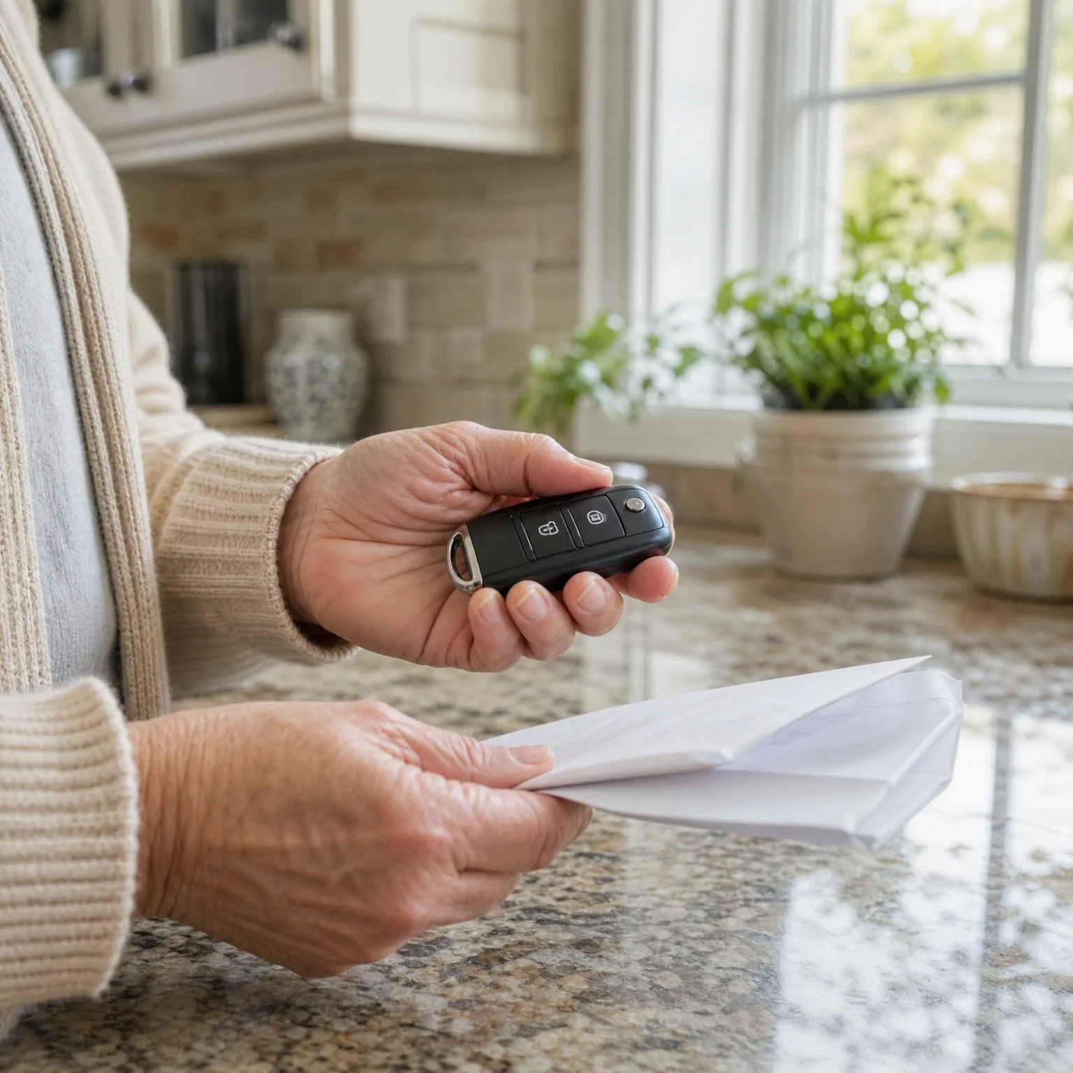 A person in a cream knit sweater holds a black car key fob in one hand and white folded papers in the other, standing at a granite kitchen counter near a window with potted plants.