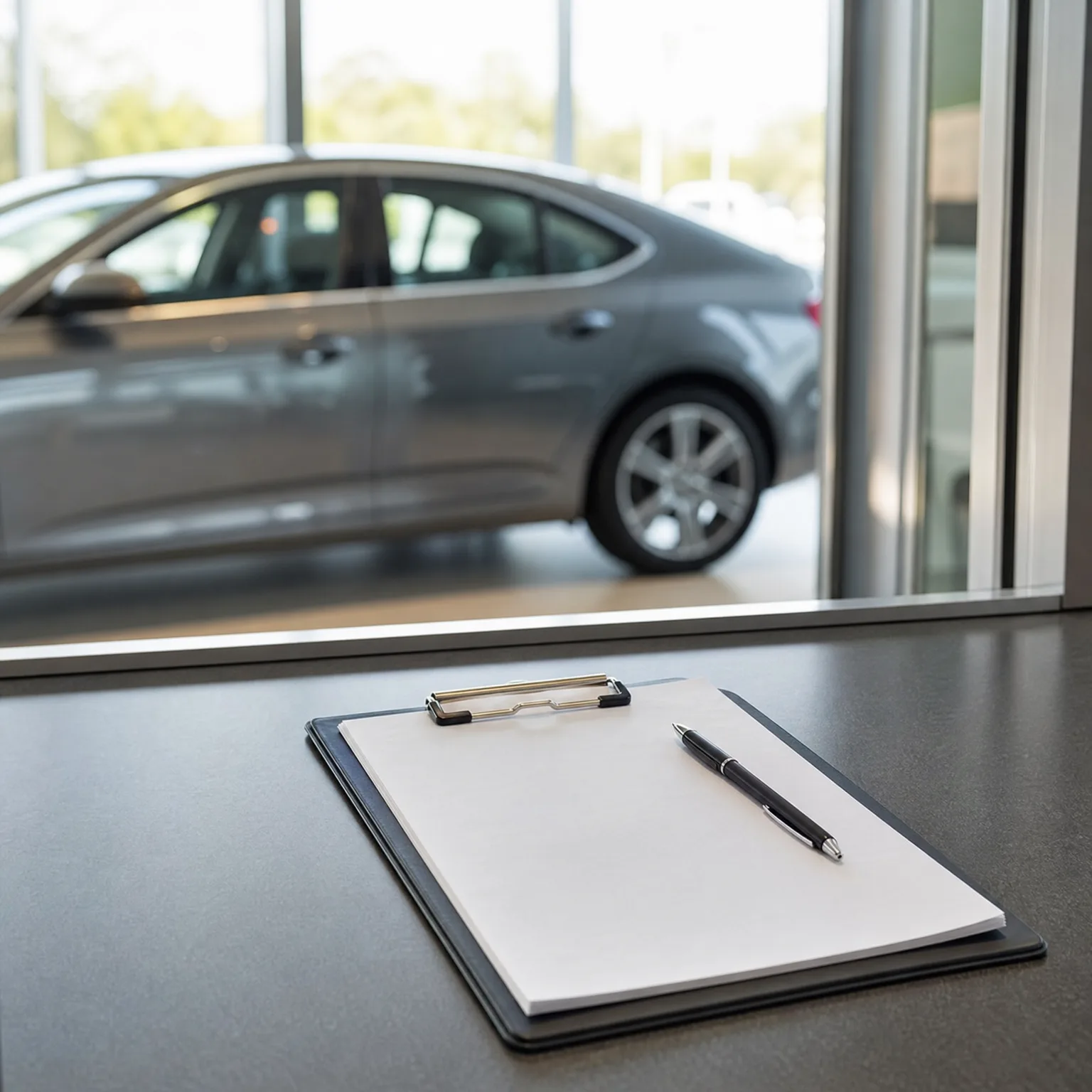 A clipboard with blank white paper and a black pen rests on a dark counter, with a gray sedan parked beyond a large window in the background.