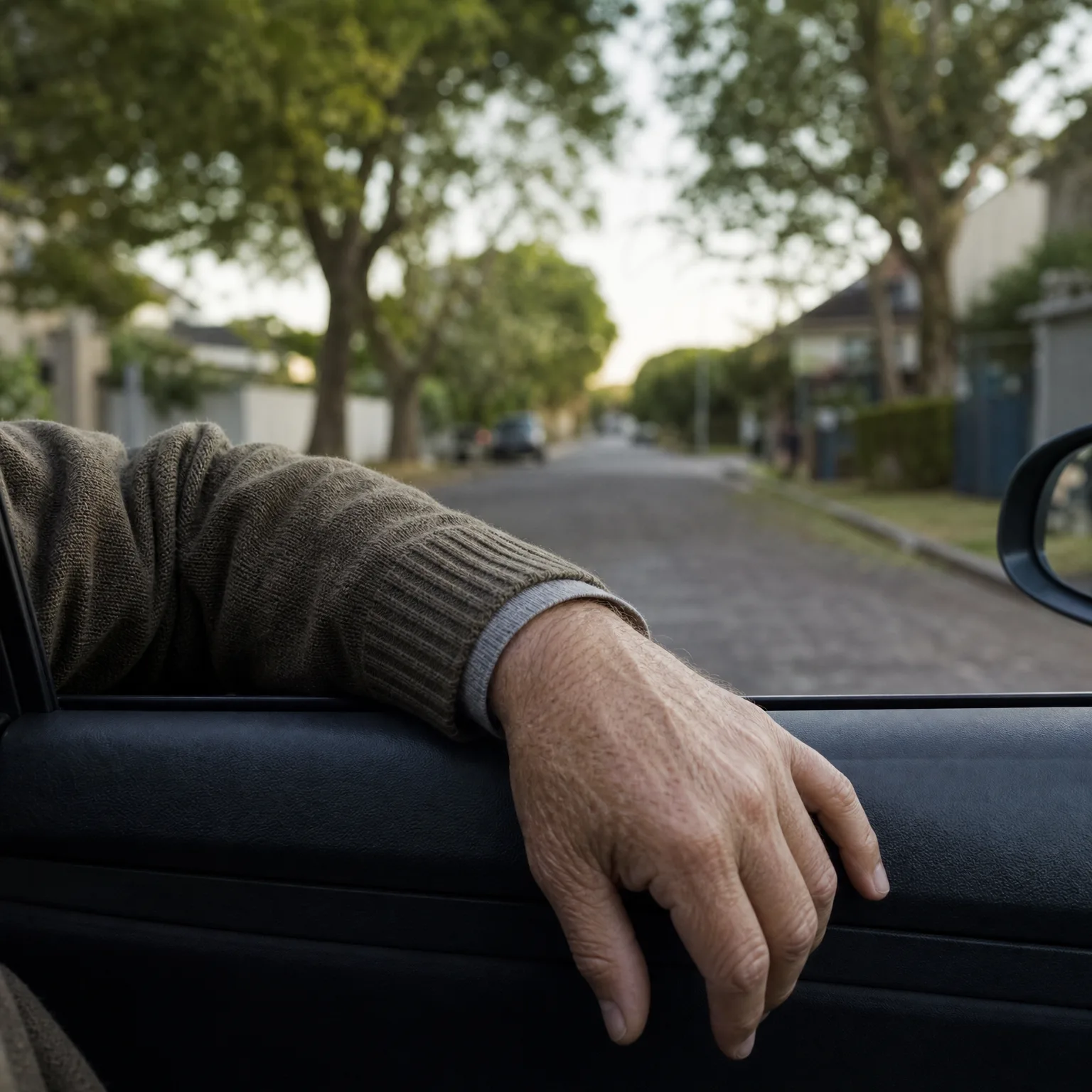 A person's arm in a knitted sweater rests on the open window ledge of a car door, with a blurred tree-lined residential street and side mirror in the background.