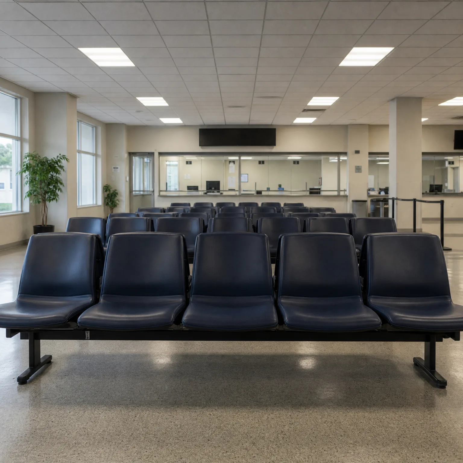Empty waiting room with rows of dark blue beam-mounted chairs facing glassed service windows, under a suspended ceiling with fluorescent panel lights, with a potted plant by tall windows at left.