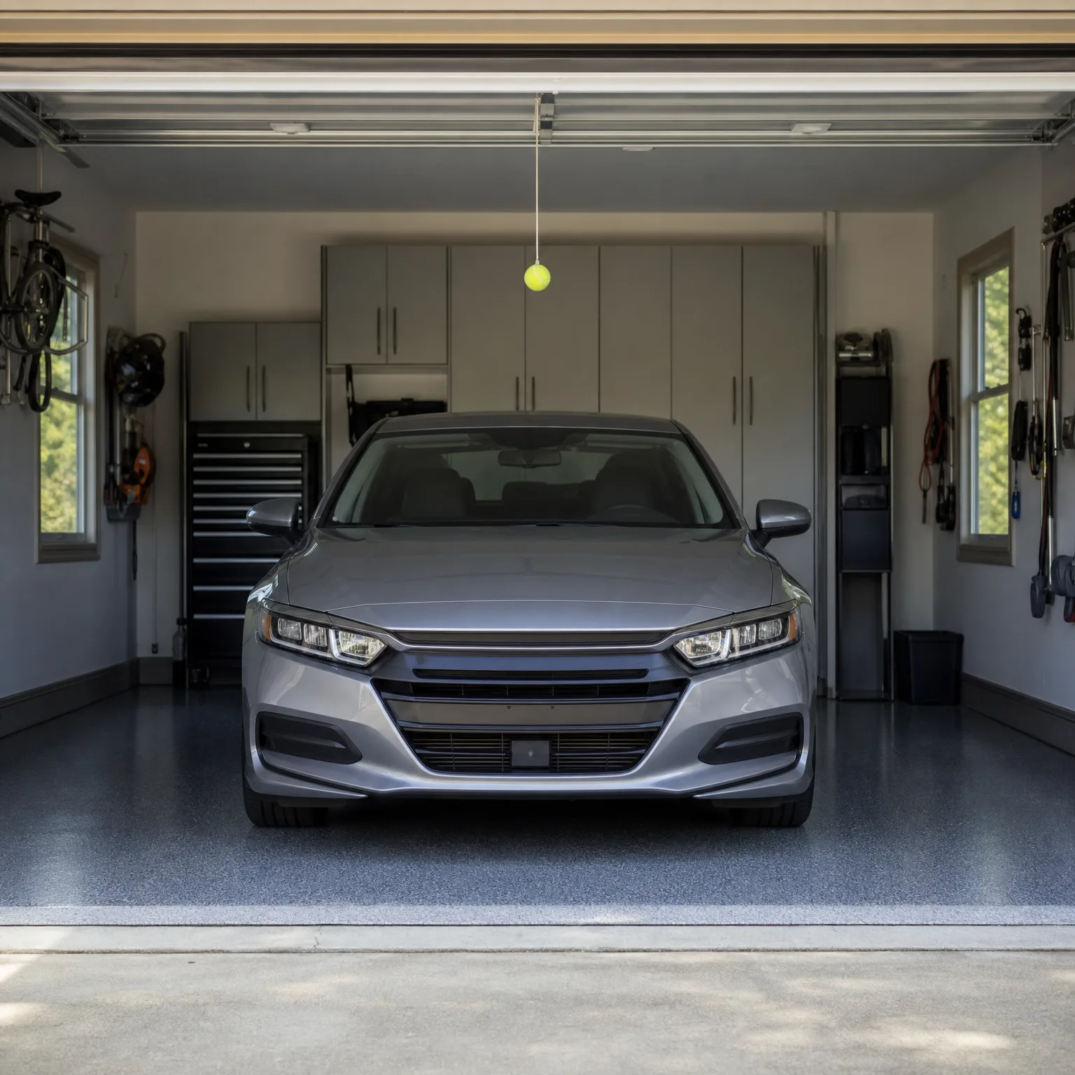 A silver sedan parked in an open two-car garage with epoxy-coated floor, gray wall cabinets, a tool chest, wall-hung bicycle and equipment, and a tennis ball hanging from the ceiling on a string.