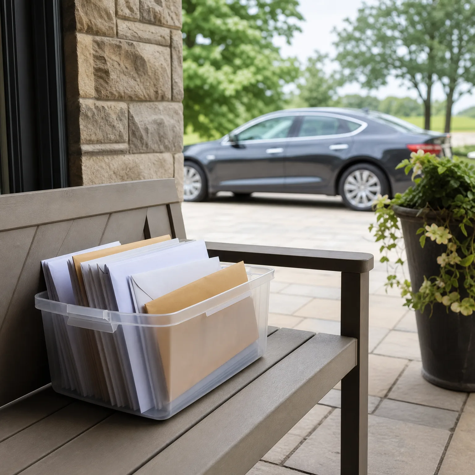 A clear plastic bin filled with white and manila envelopes sits on a gray bench beside a stone-clad wall, with a dark sedan parked on a paved driveway and a potted flowering plant in the background.