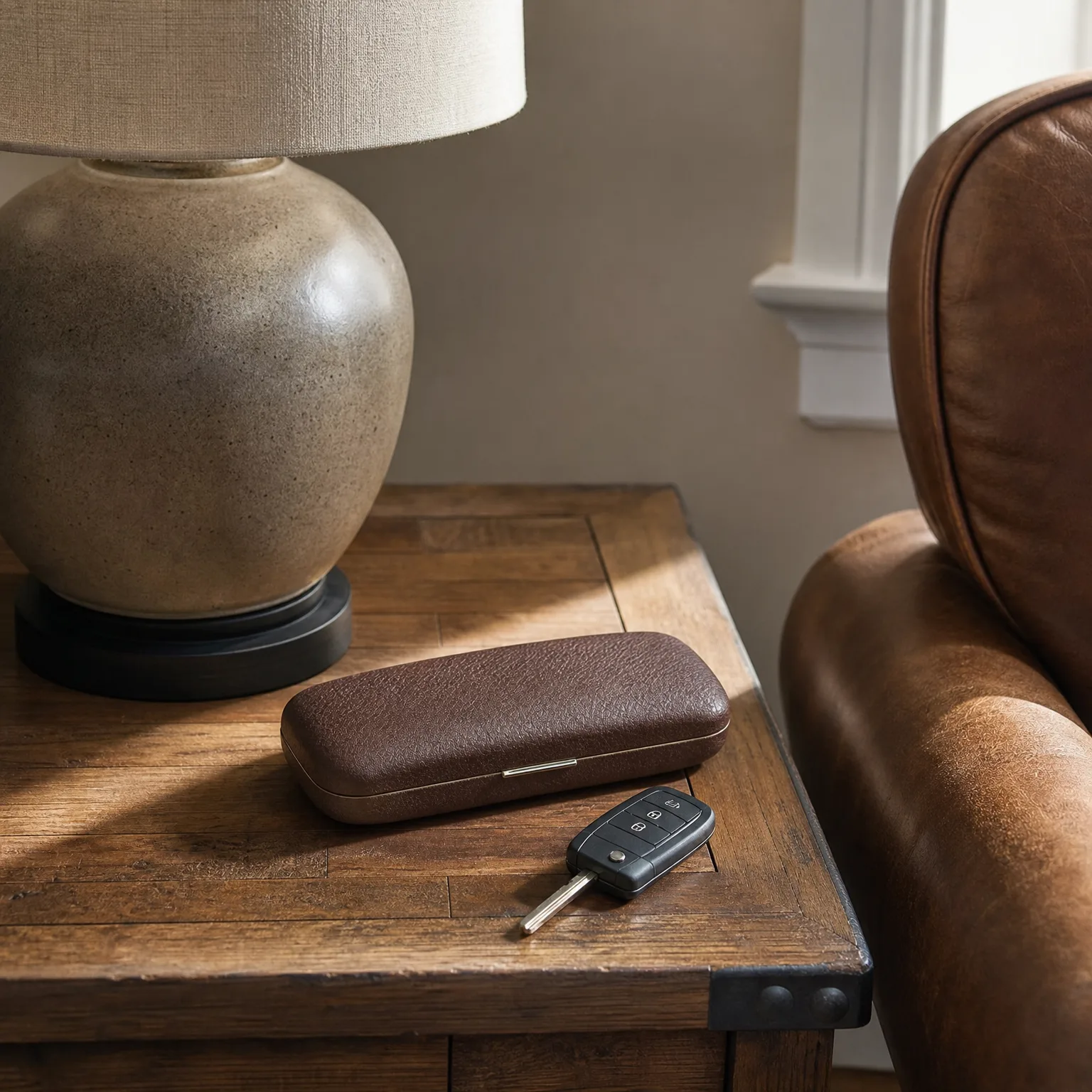A brown textured leather glasses case and a black flip car key rest on a wooden side table beside a ceramic lamp base, with a brown leather armchair to the right.