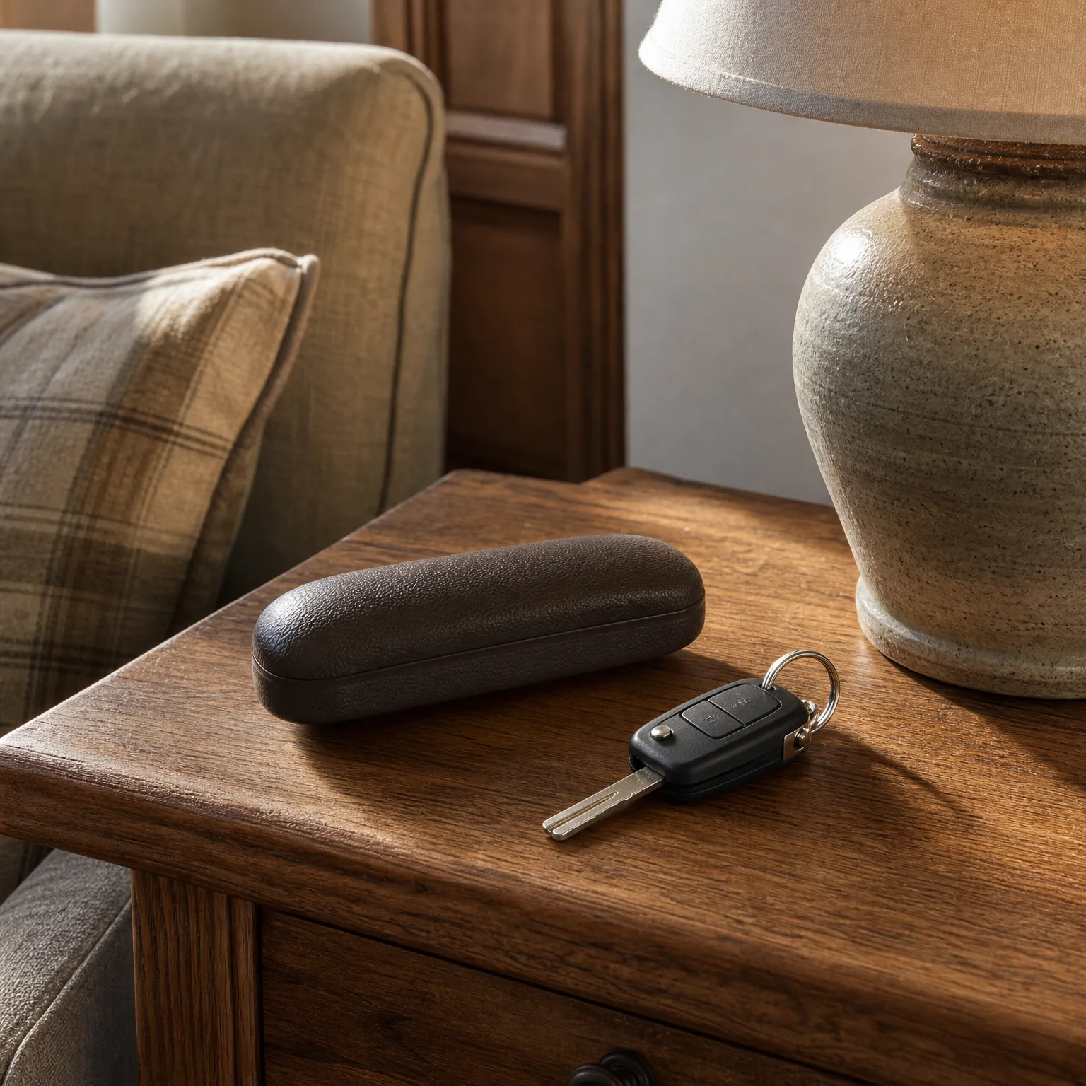 A dark brown hard-shell eyeglass case and a black flip car key with a metal ring rest on a wooden side table beside a ceramic lamp base, with a plaid cushion and upholstered chair behind.