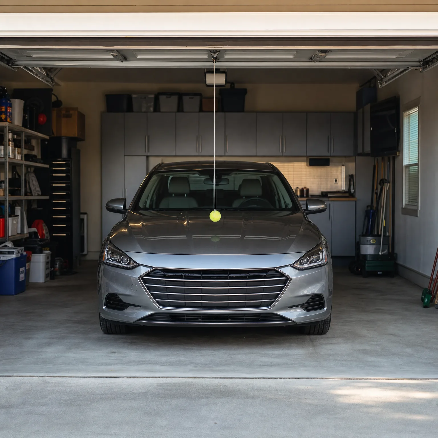 A silver sedan parked inside an open two-car garage with gray cabinets, storage bins, shelving and tools along the walls, and a tennis ball hanging from the ceiling on a string above the hood.
