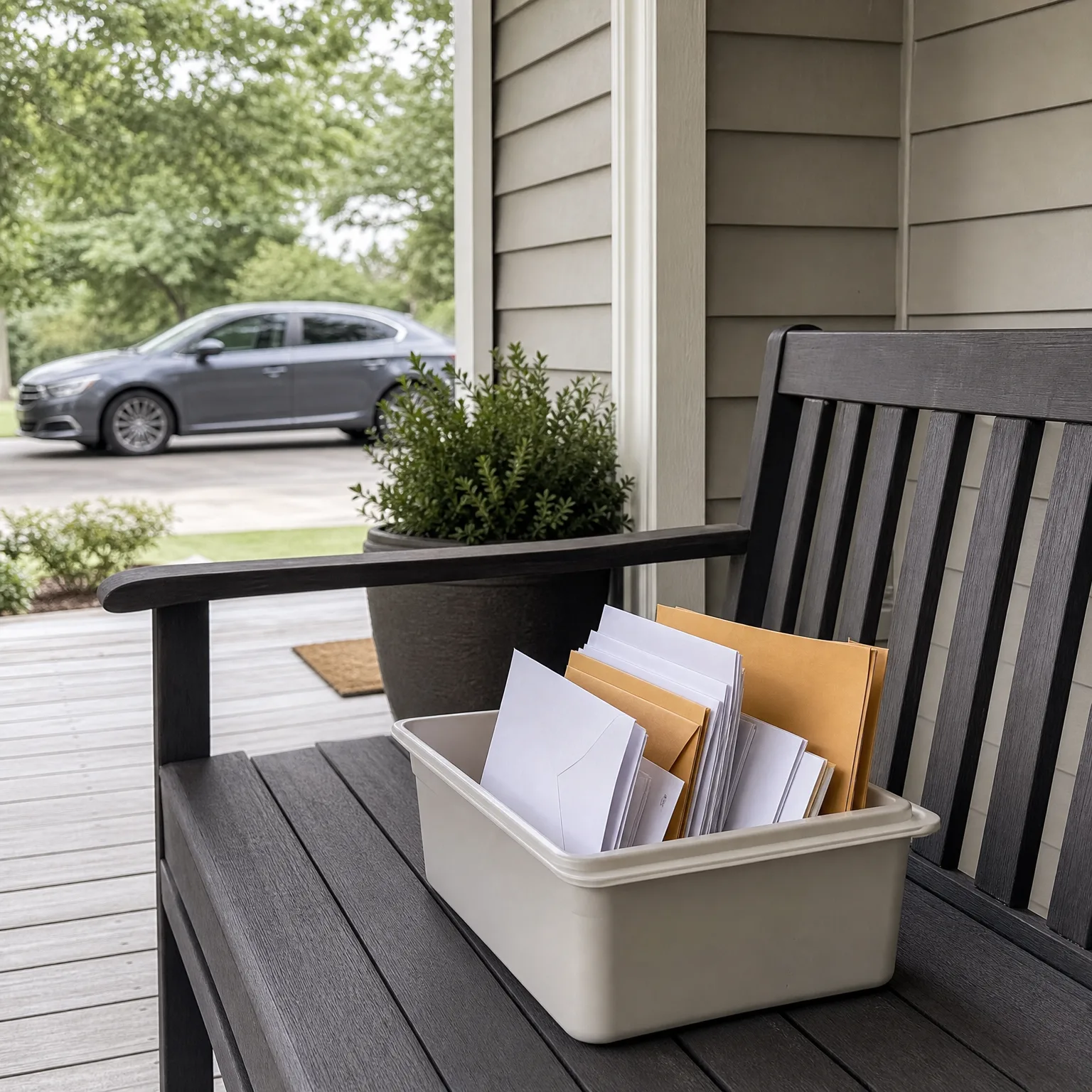 A white plastic bin holding white and manila envelopes sits on a dark gray wooden bench on a covered porch, with a potted shrub, lap siding, and a gray sedan parked in the street behind.