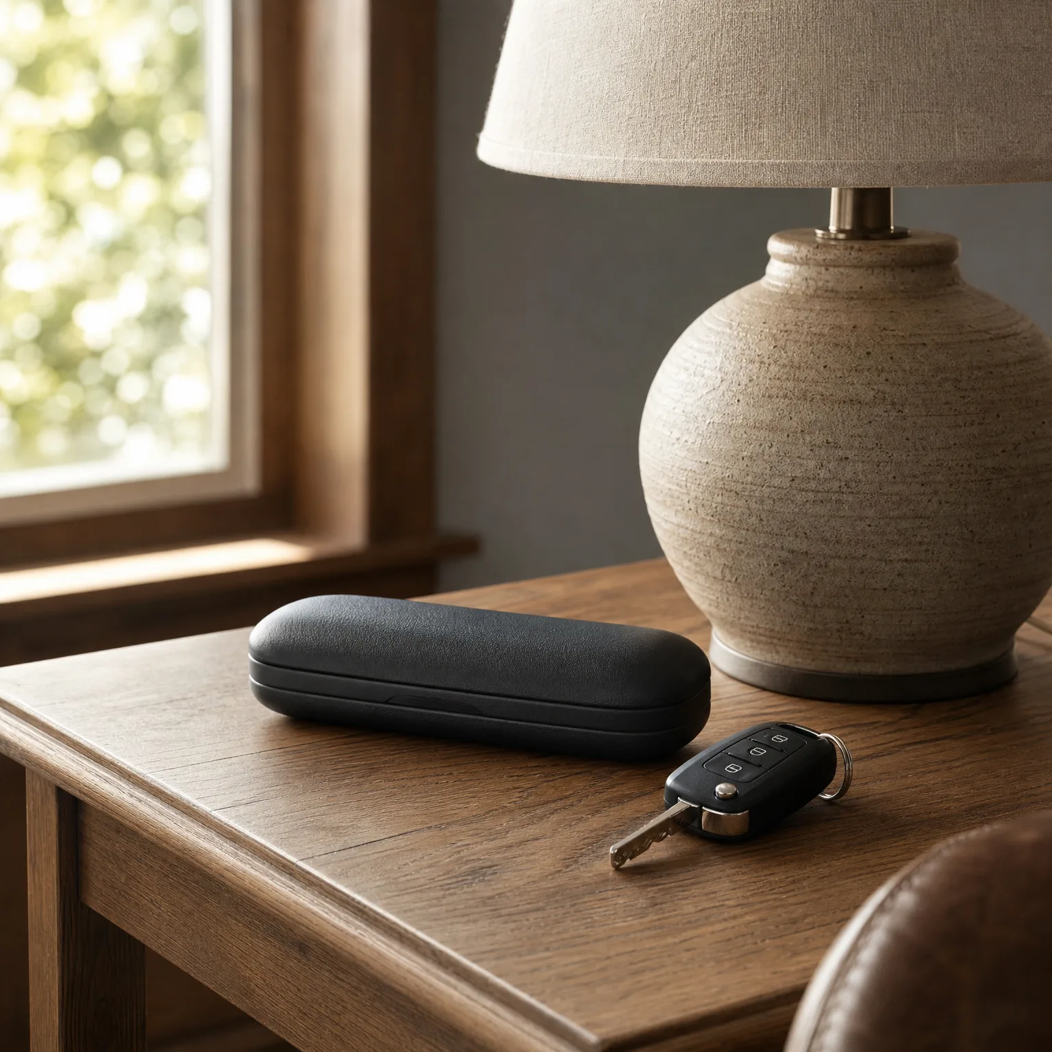 A black hard eyeglass case and a folding car key with a keyring rest on a wooden side table beside a ceramic lamp with a beige shade, with a window and blurred greenery in the background.