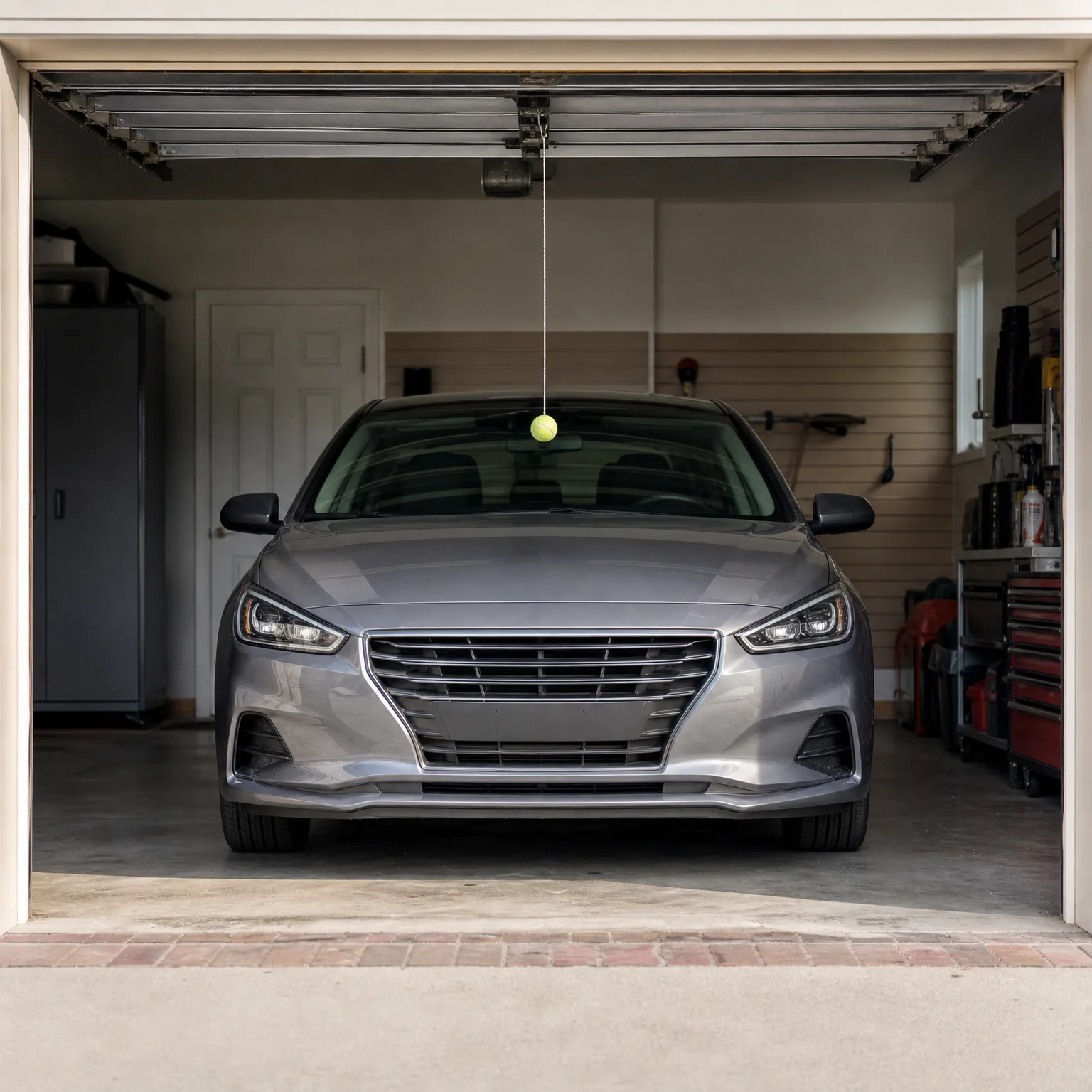 A silver sedan parked inside an open garage, with a tennis ball hanging from a string attached to the ceiling rail above the windshield, shelving and tools along the right wall.