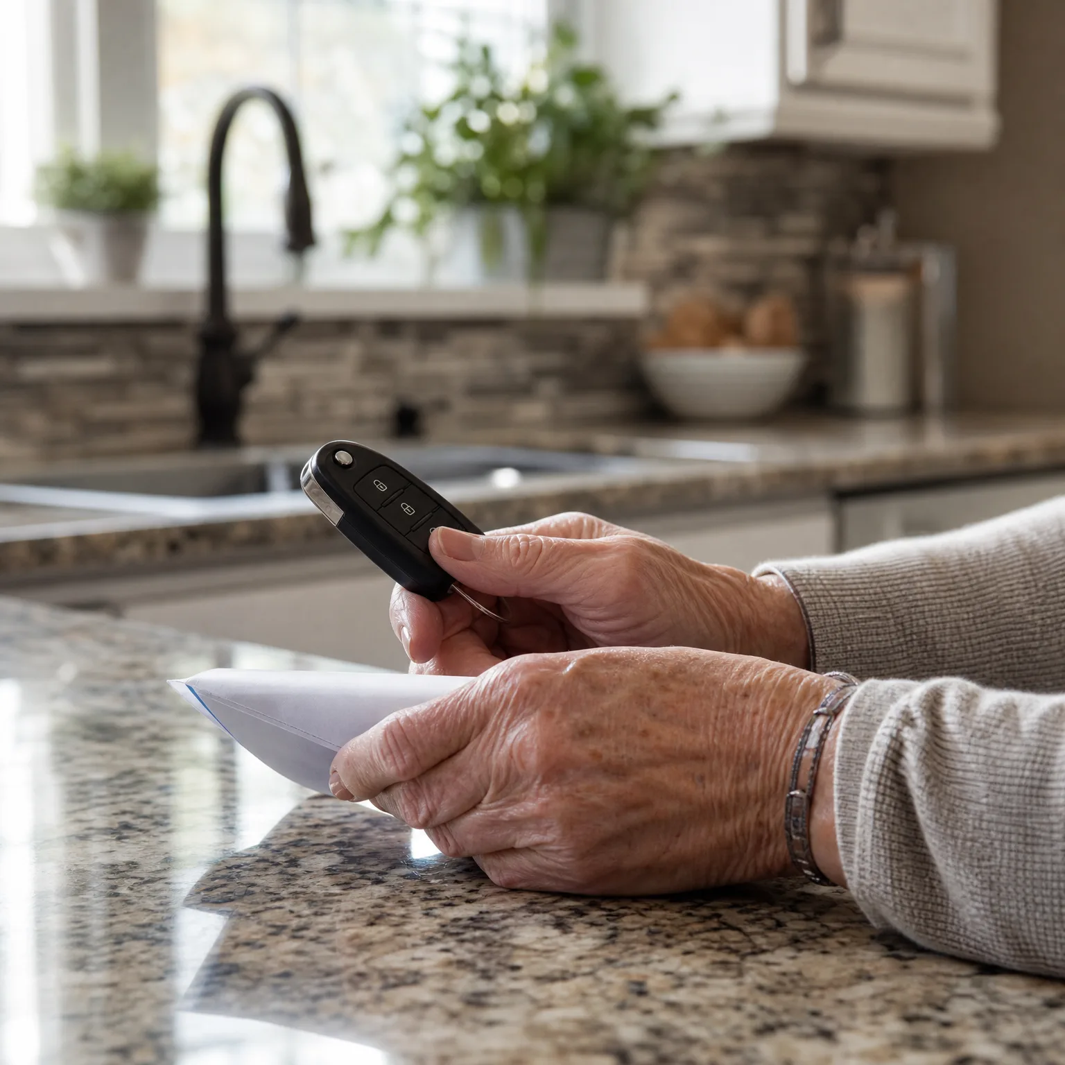 Close-up of an older person's hands at a granite kitchen counter, holding a black car key fob and a white envelope, with a sink, faucet and potted plants blurred in the background.