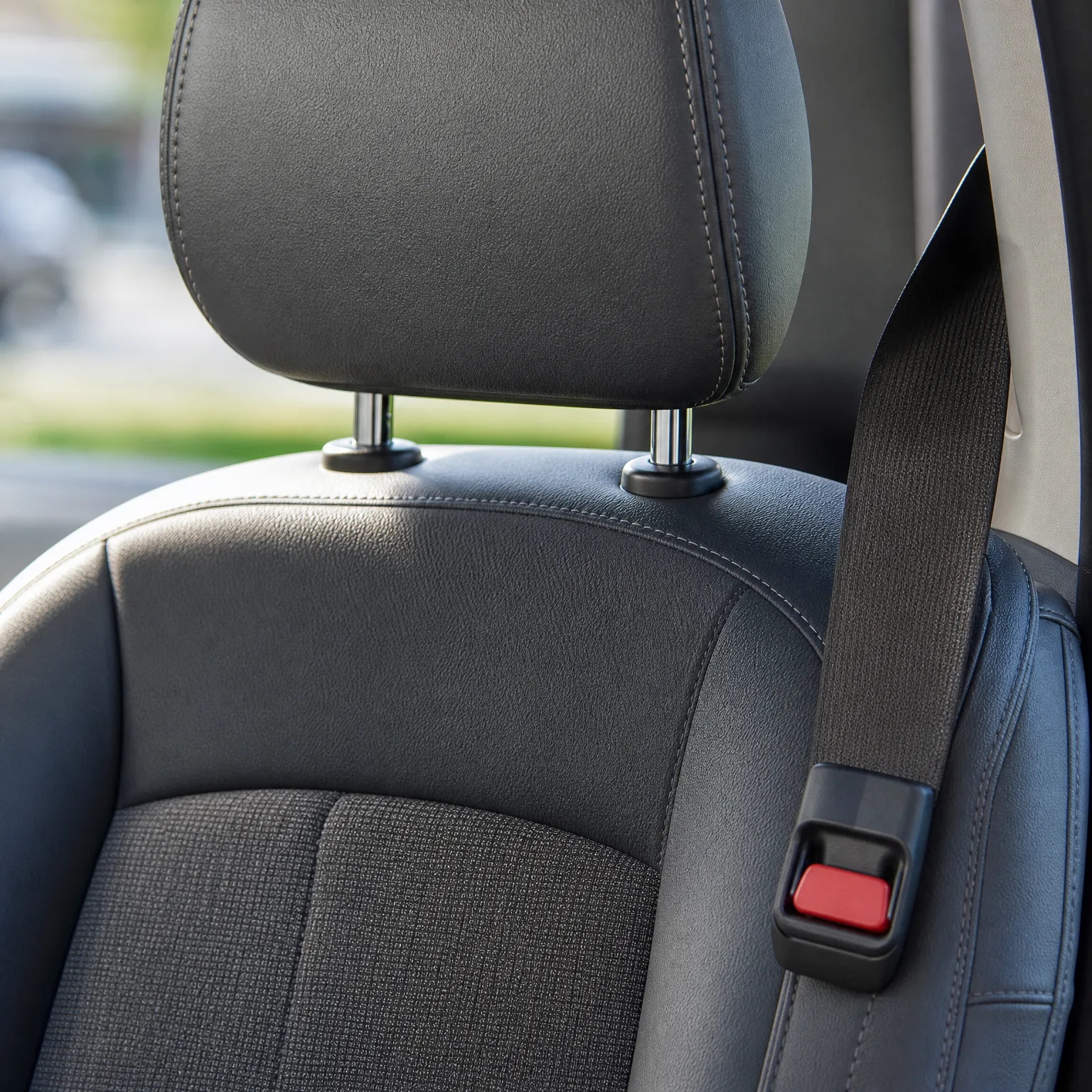 Close-up of a black leather and fabric car seat with adjustable headrest and a seat belt with red buckle release, with blurred greenery visible through the window.