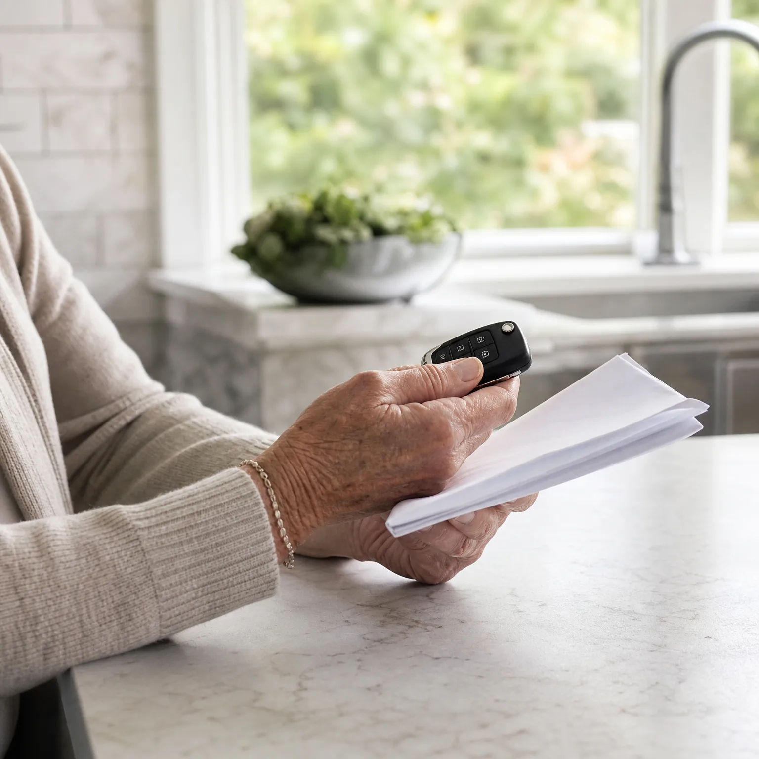 An older person in a cream knit sweater holds a black car key fob and a folded stack of white papers while seated at a white marble counter near a window.