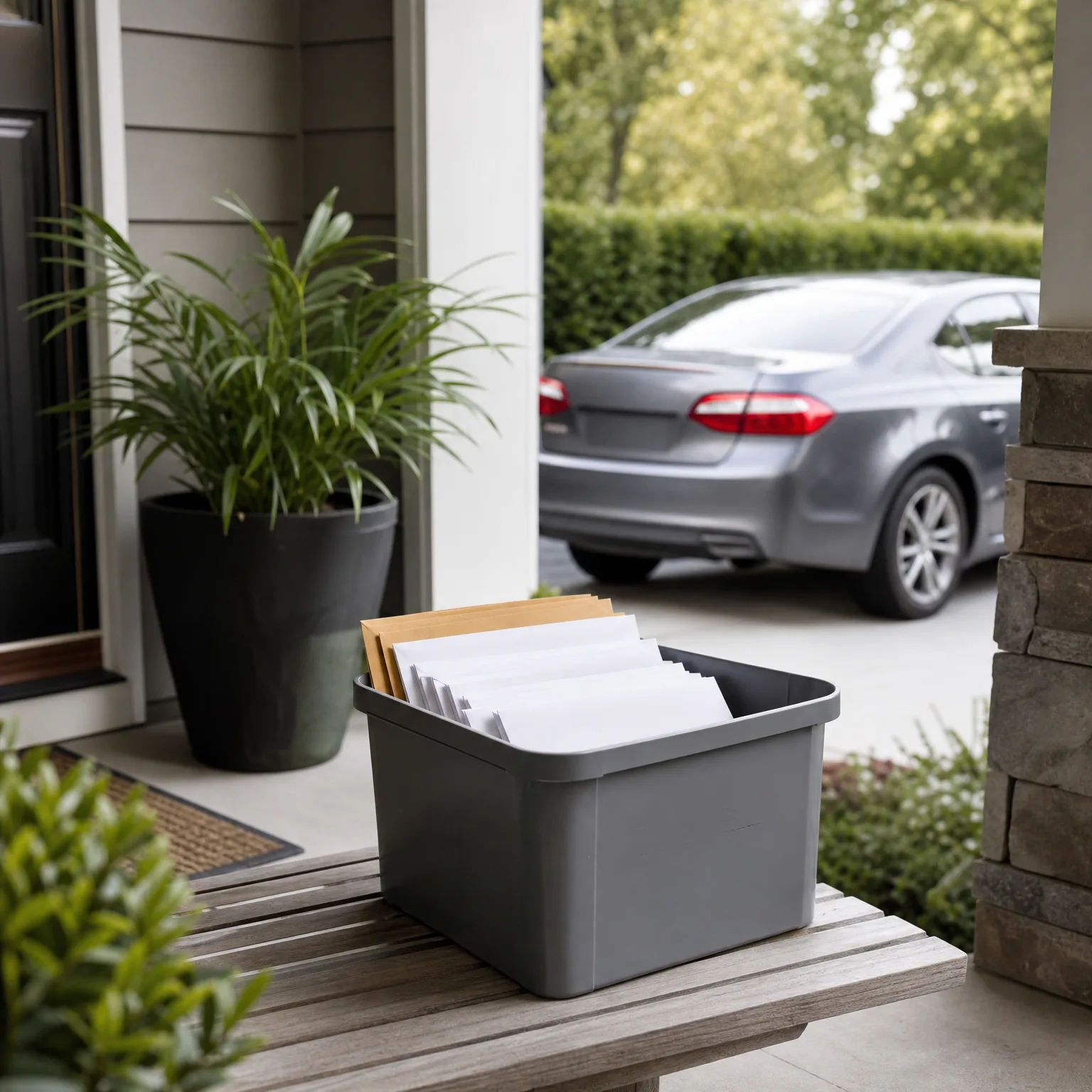 A gray plastic bin filled with white and manila envelopes sits on a weathered wooden slat bench on a covered porch, with a potted palm-like plant, a dark front door, stone column, and a gray sedan parked on a driveway in the background.