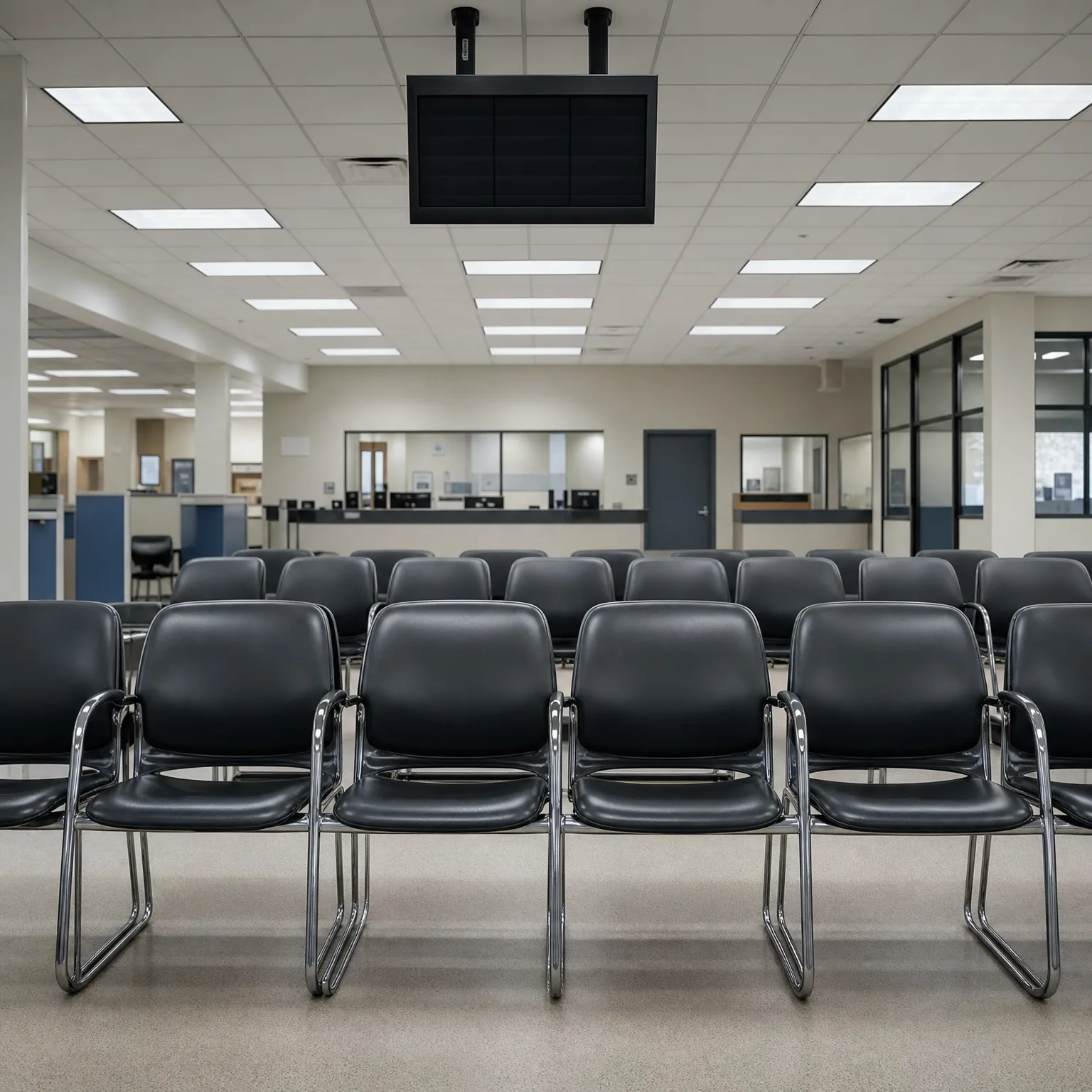 Empty waiting area with rows of black vinyl chairs on chrome frames, a ceiling-mounted flat screen, drop ceiling with fluorescent panel lights, and a service counter with windows in the background.