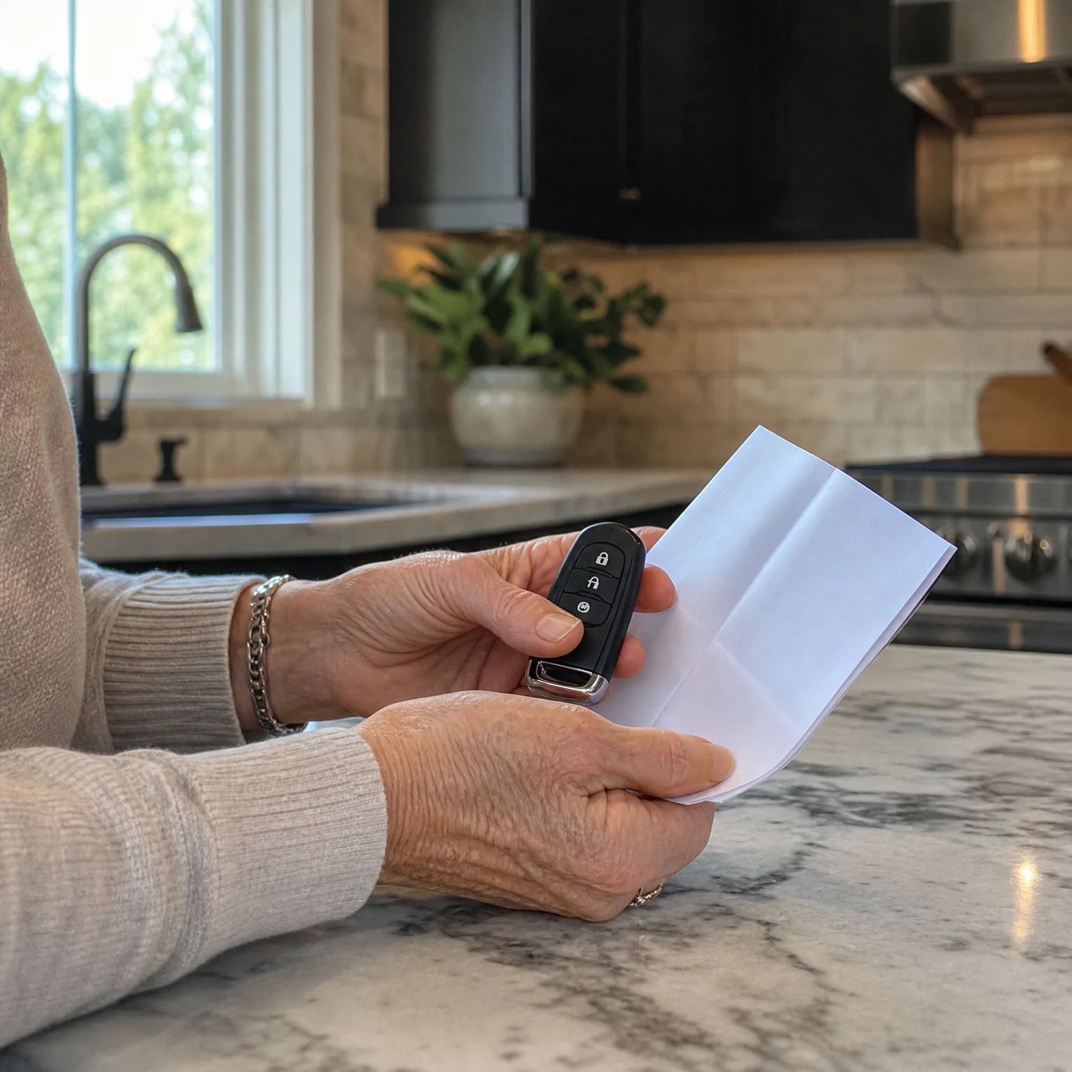 Close-up of an older person's hands holding a black car key fob and a folded white paper over a marble countertop in a kitchen with a window, sink, potted plant, and stove in the background.