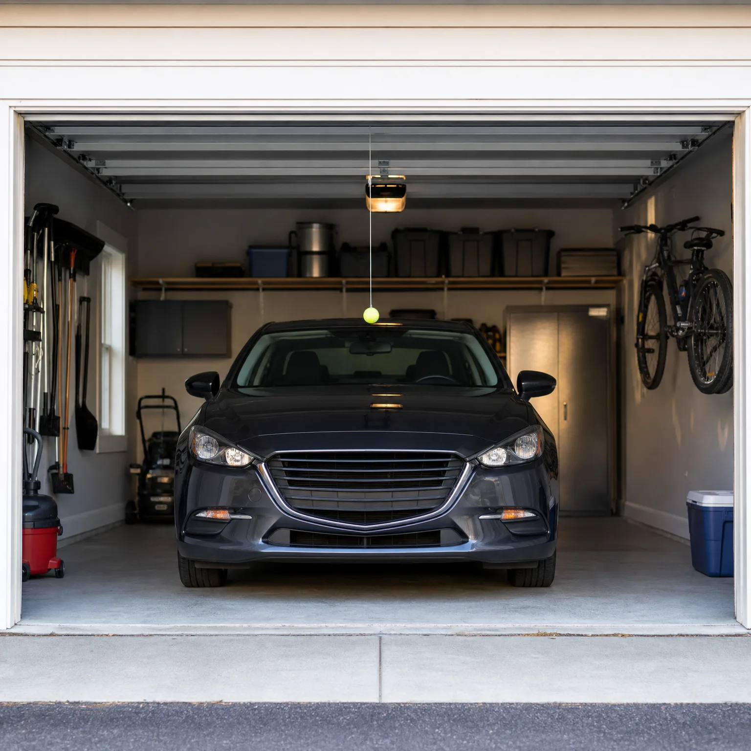 An open single-car garage with a dark gray sedan parked inside, a tennis ball hanging on a string from the ceiling opener, a bicycle mounted on the right wall, a blue cooler, a shop vacuum and long-handled tools on the left, and storage bins on an overhead shelf.