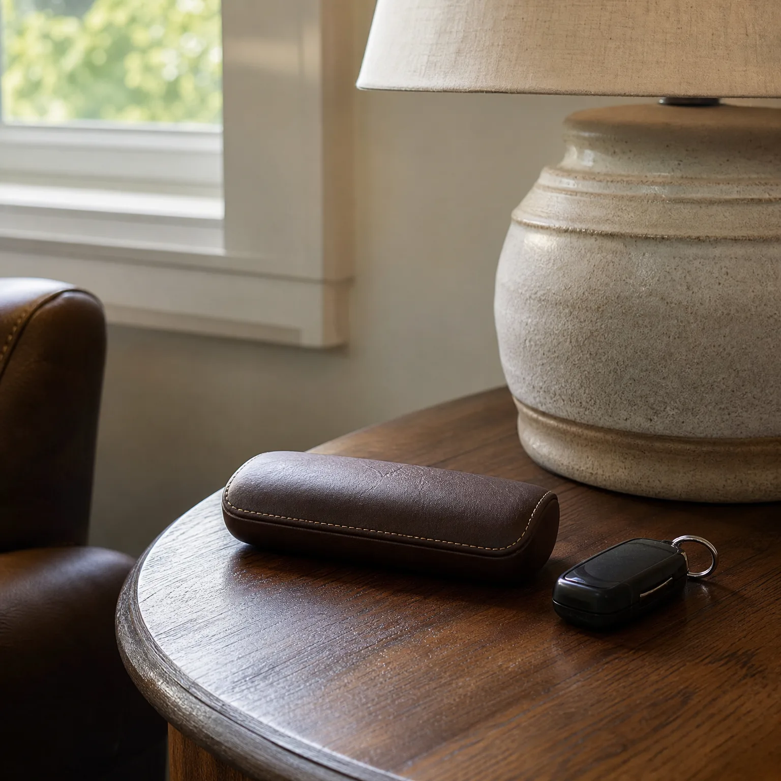 A brown leather eyeglass case and a black car key fob rest on a round wooden side table beside a ceramic lamp base, with a leather armchair and window in the background.