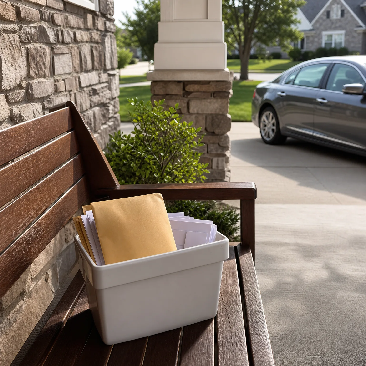 A white plastic bin holding a manila envelope and white letters sits on a dark wooden bench on a stone-faced porch, with a shrub, driveway, and parked gray sedan in the background.