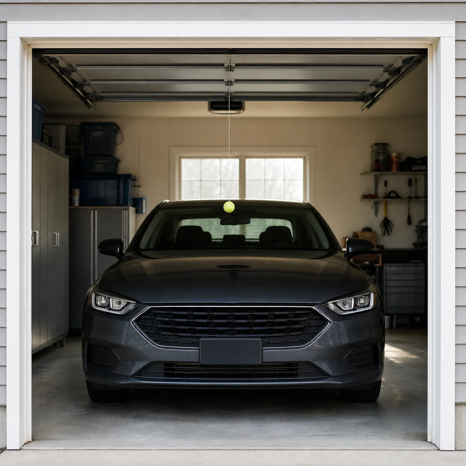 A dark gray sedan parked inside an open single-car garage with a tennis ball hanging from a string near the windshield, storage cabinets and bins on the left and a tool wall on the right.
