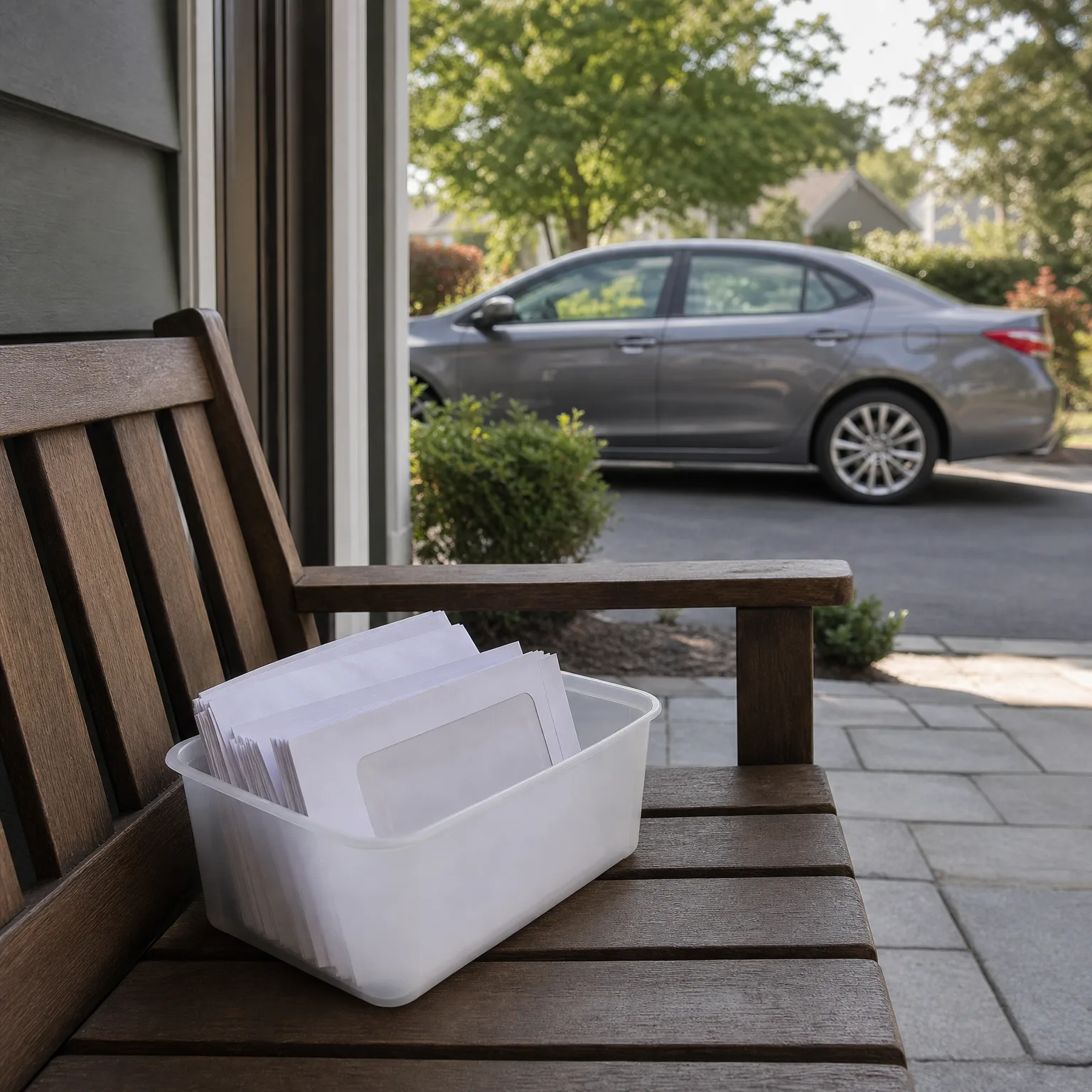 A translucent plastic bin holding a stack of white envelopes sits on a wooden bench on a porch, with a gray sedan parked in a driveway beyond.