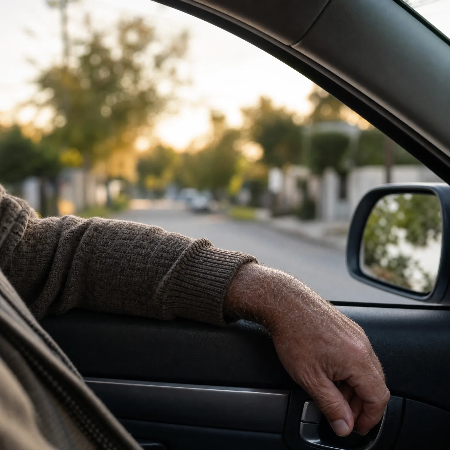 View from inside a car of a person's arm in a knit sweater resting on the open passenger window frame, hand near the door handle, with a blurred tree-lined street beyond.