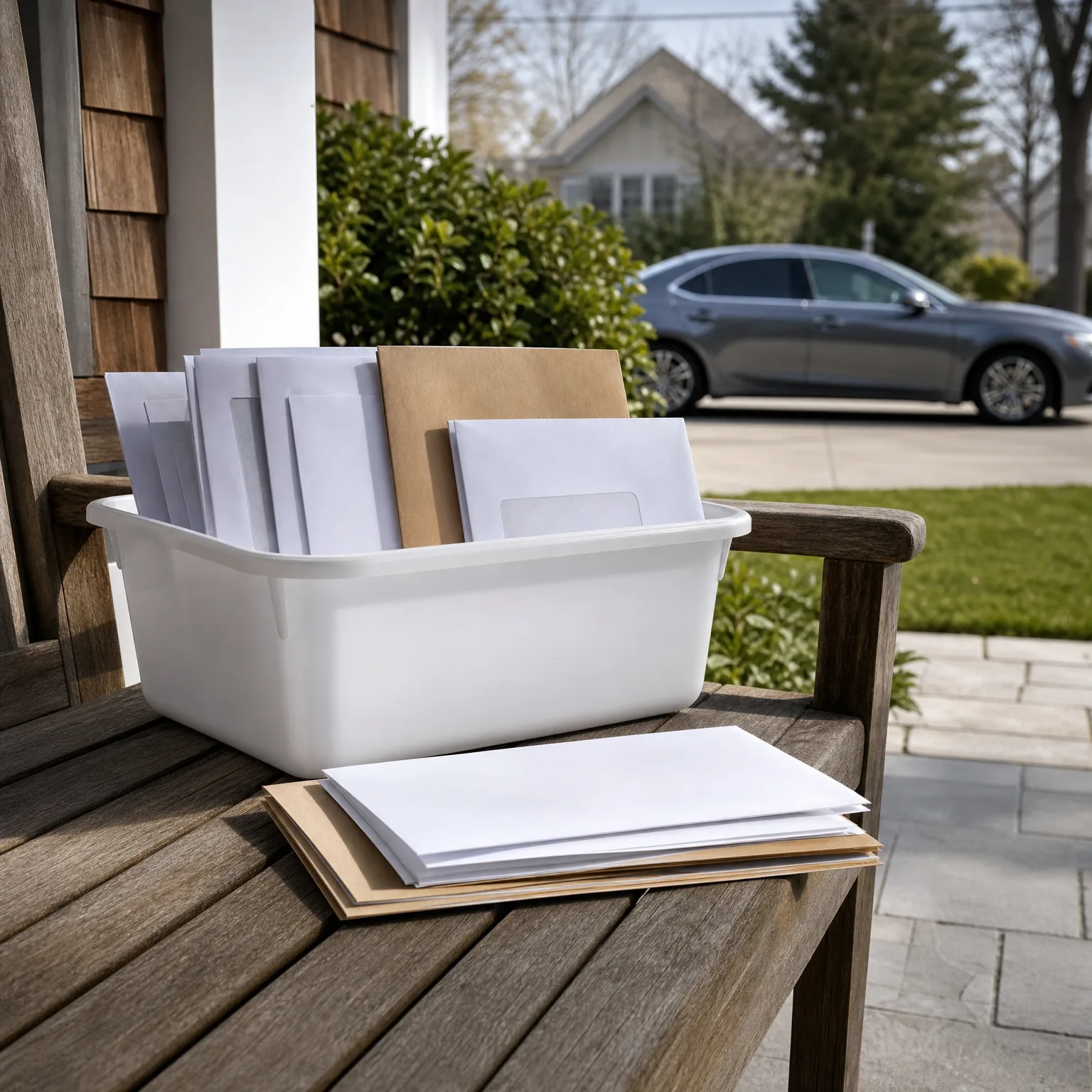 A white plastic bin filled with upright white and brown envelopes sits on a weathered wooden bench, with a stack of mail beside it, a shrub and house in the background, and a gray car parked in a driveway.