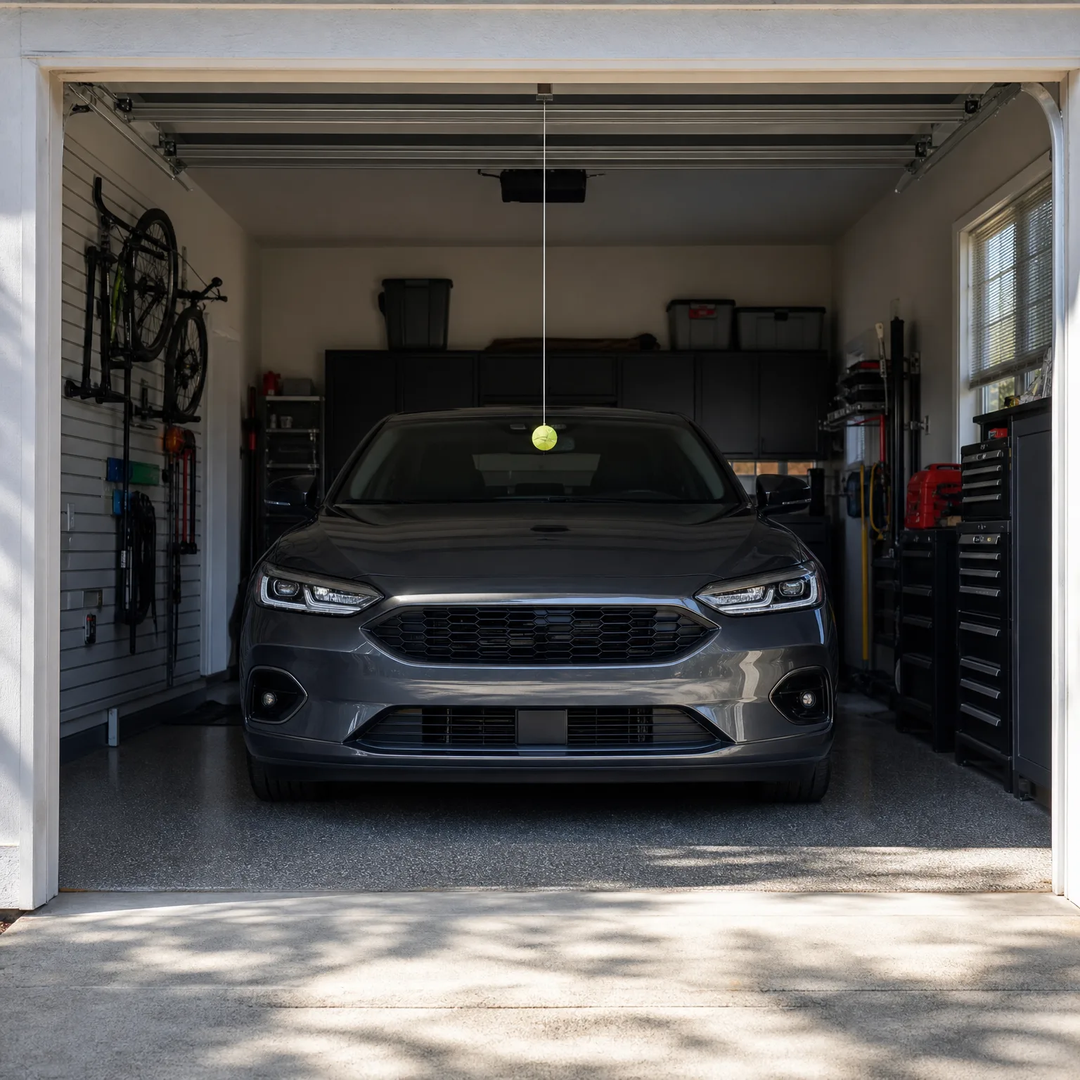 An open single-car garage with a dark gray sedan parked inside, a tennis ball hanging from the ceiling on a string, a bicycle mounted on the left wall, black cabinets and storage bins along the back wall, and a tool chest on the right.