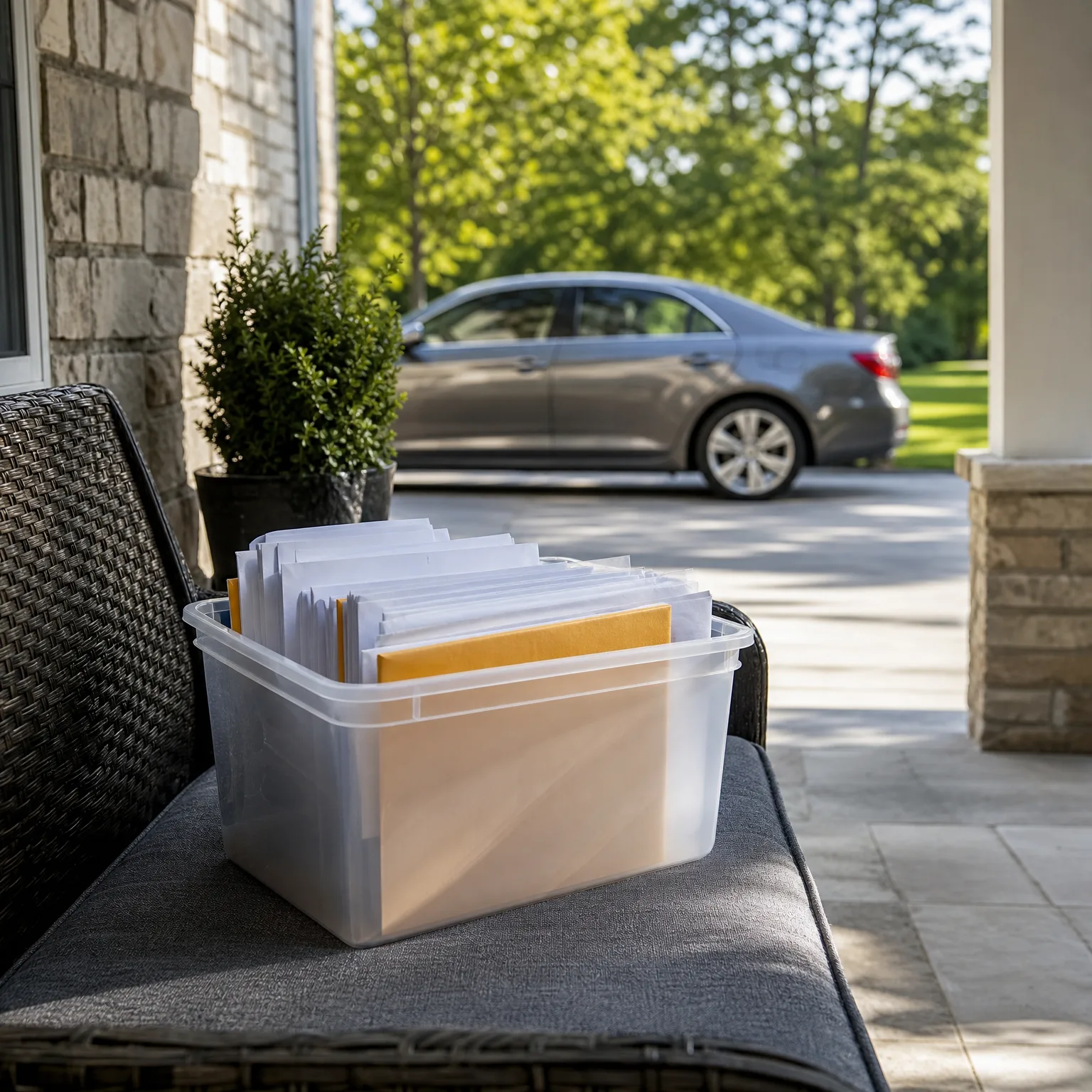 A clear plastic bin filled with white envelopes and a yellow folder sits on a gray cushion of a wicker bench on a stone porch, with a potted shrub, driveway and parked silver sedan behind.