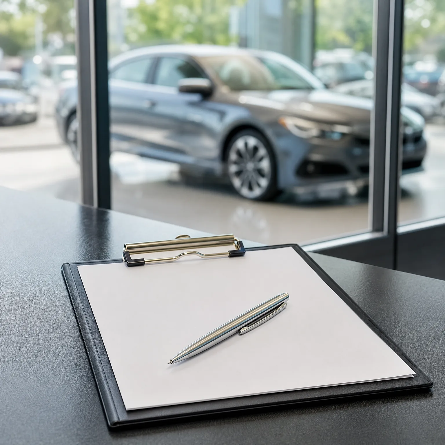 A black clipboard holding a blank sheet of paper with a silver pen resting on it, on a dark countertop, with a gray sedan parked outside a glass window in the blurred background.