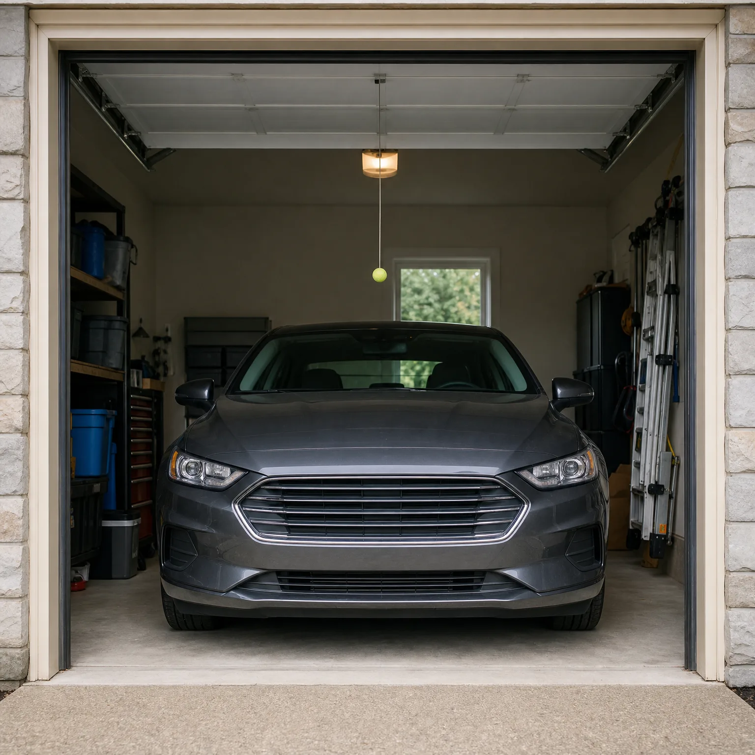 A gray sedan parked inside an open single-car garage with a hanging light fixture, a tennis ball suspended from the ceiling, shelving and storage bins on the left, and ladders leaning on the right wall.