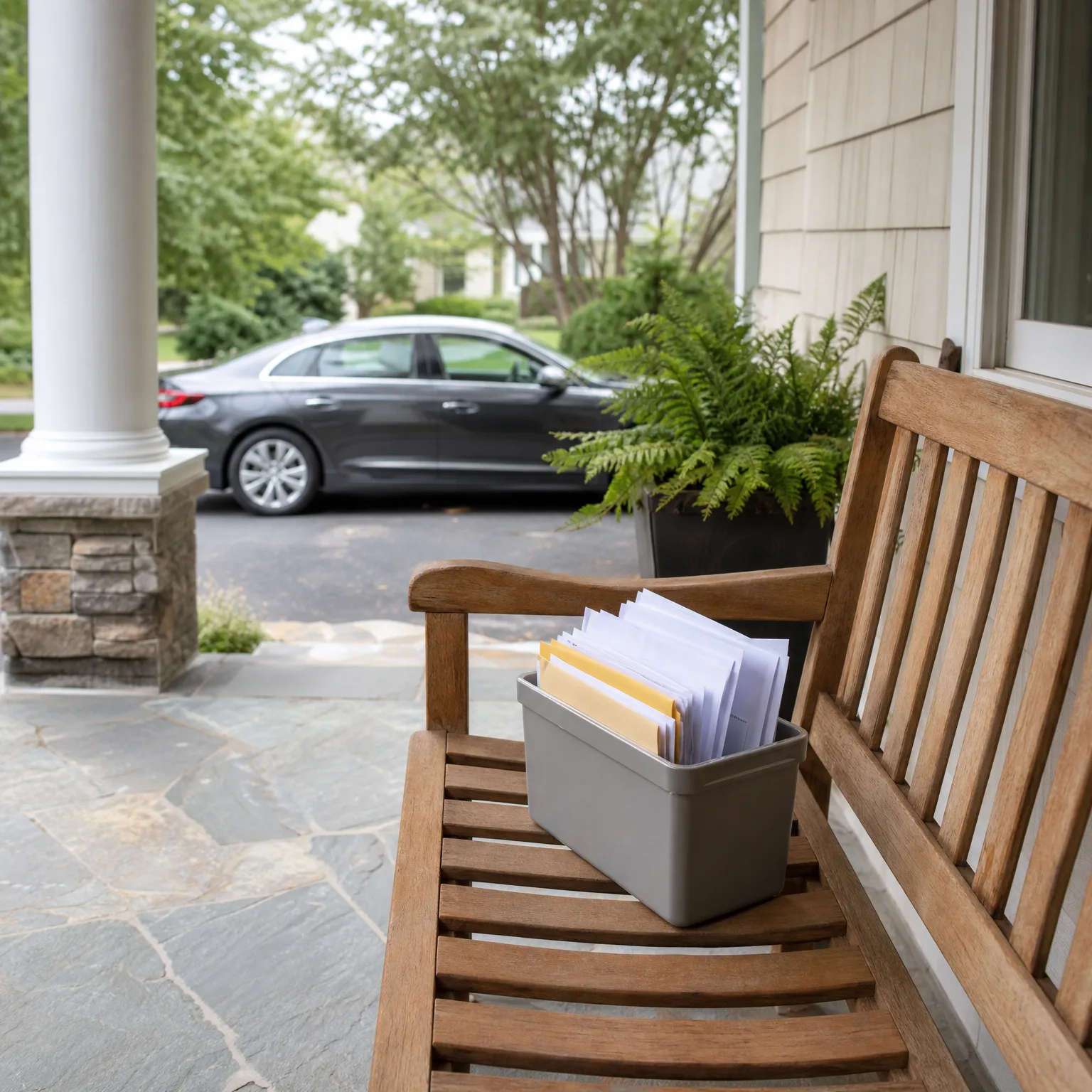 A gray plastic bin holding white and yellow envelopes sits on a wooden bench on a covered porch with stone flooring, a white column, a potted fern, and a dark sedan parked in the driveway beyond.