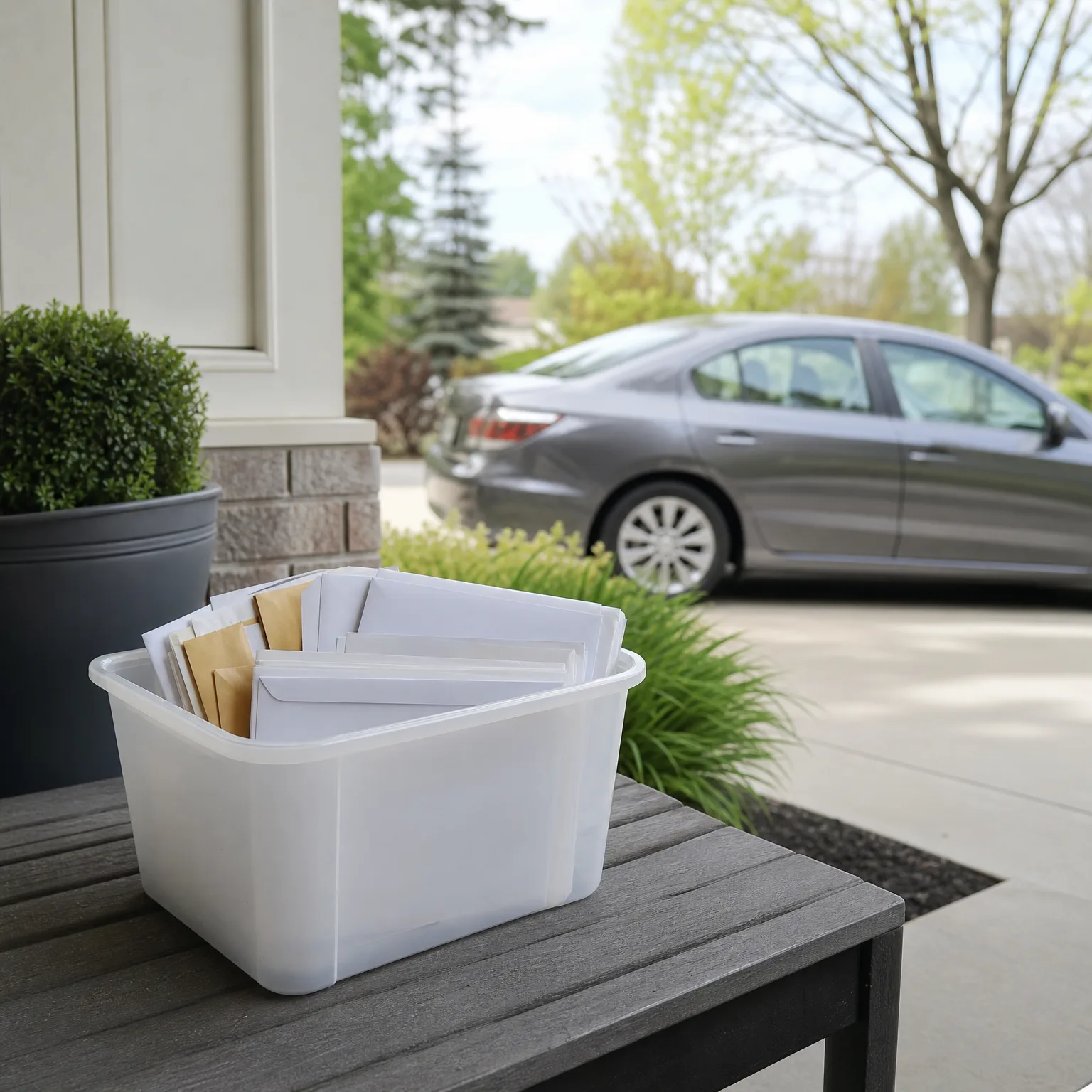 A translucent plastic bin filled with white and brown envelopes sits on a gray wooden table outside a house, with a gray sedan parked on the driveway in the background.