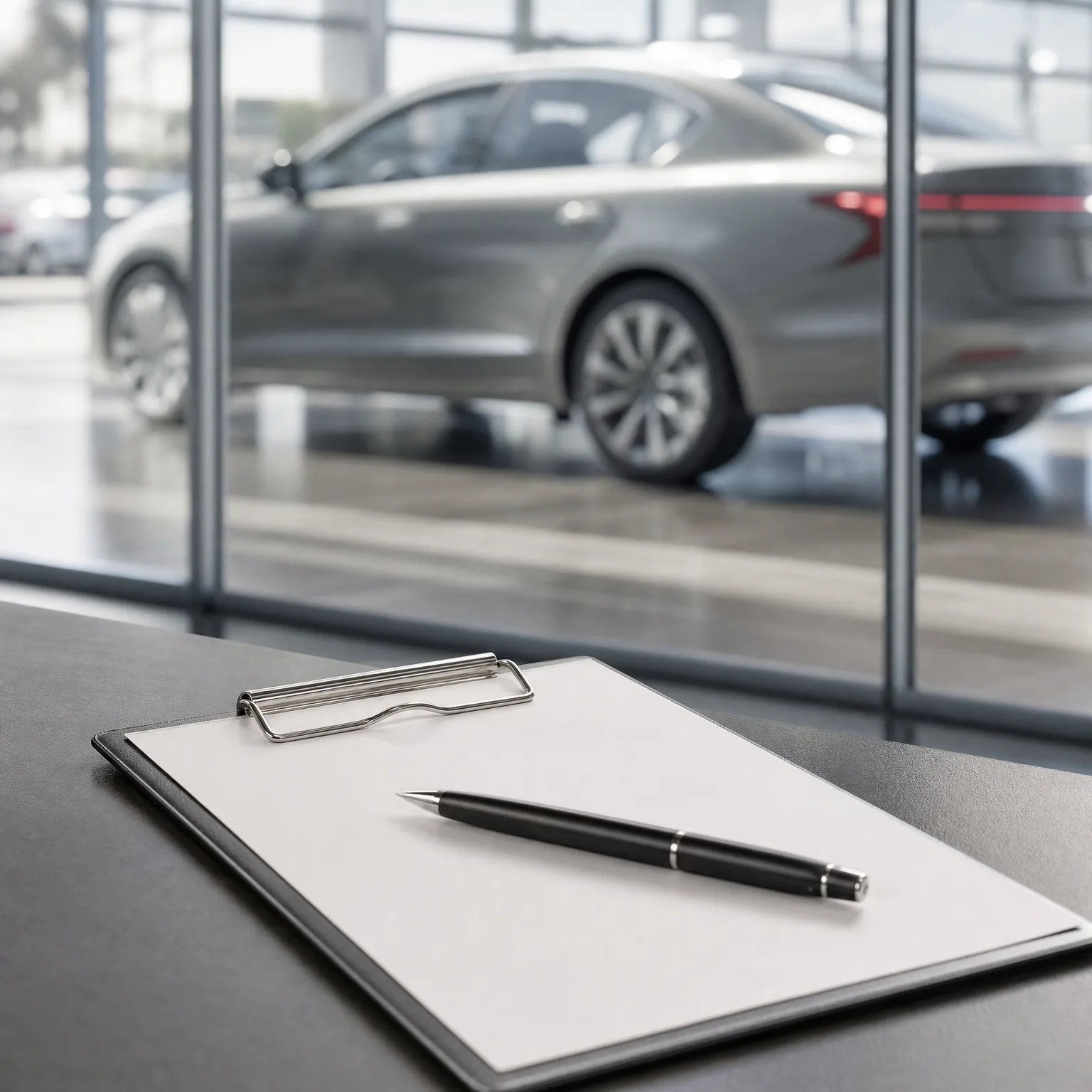 A clipboard with a blank sheet of paper and a black pen rests on a dark gray counter, with a silver sedan blurred behind a glass wall in the background.