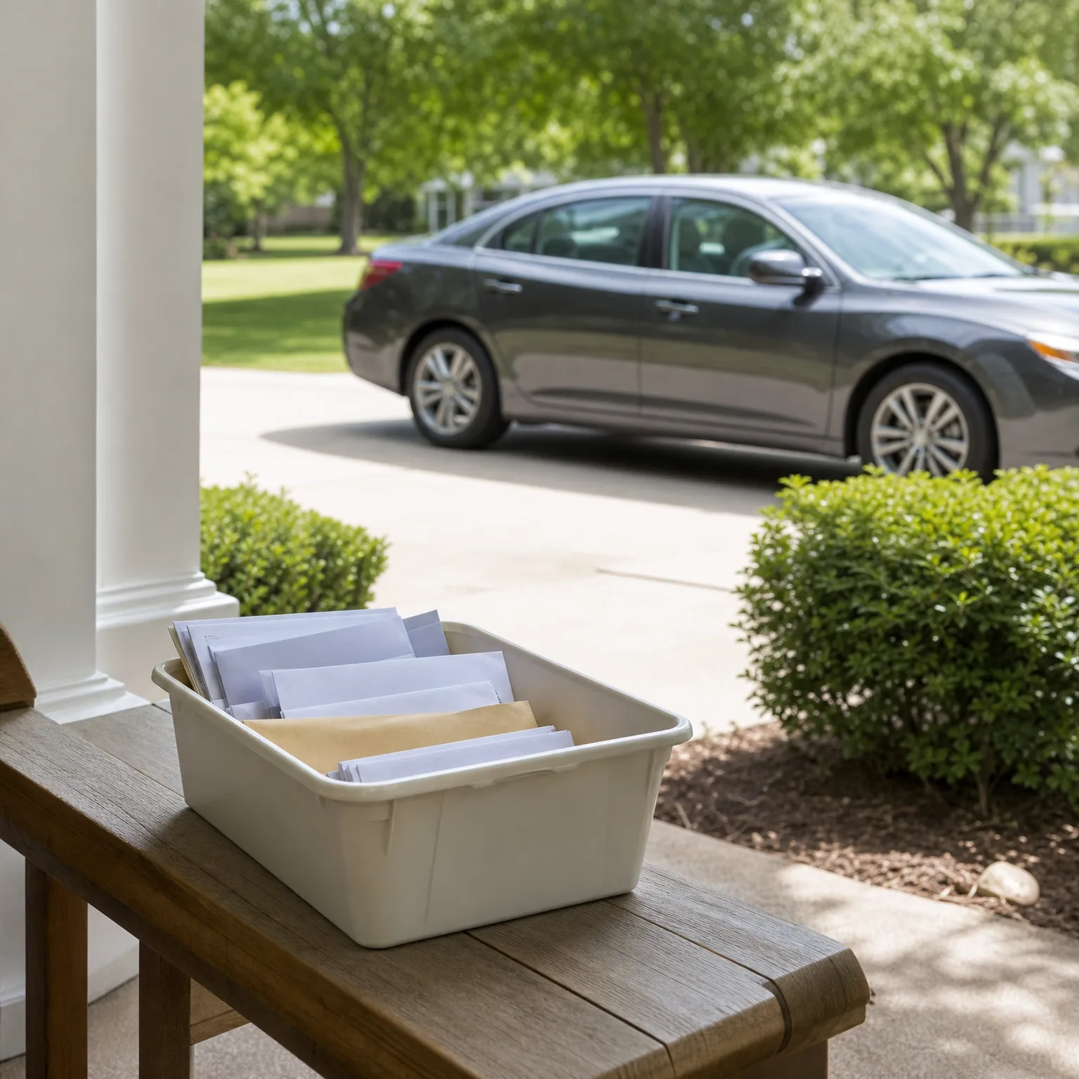 A white plastic bin filled with envelopes sits on a weathered wooden bench beside a white porch column, with a gray sedan parked on a driveway and trimmed shrubs and green trees in the background.